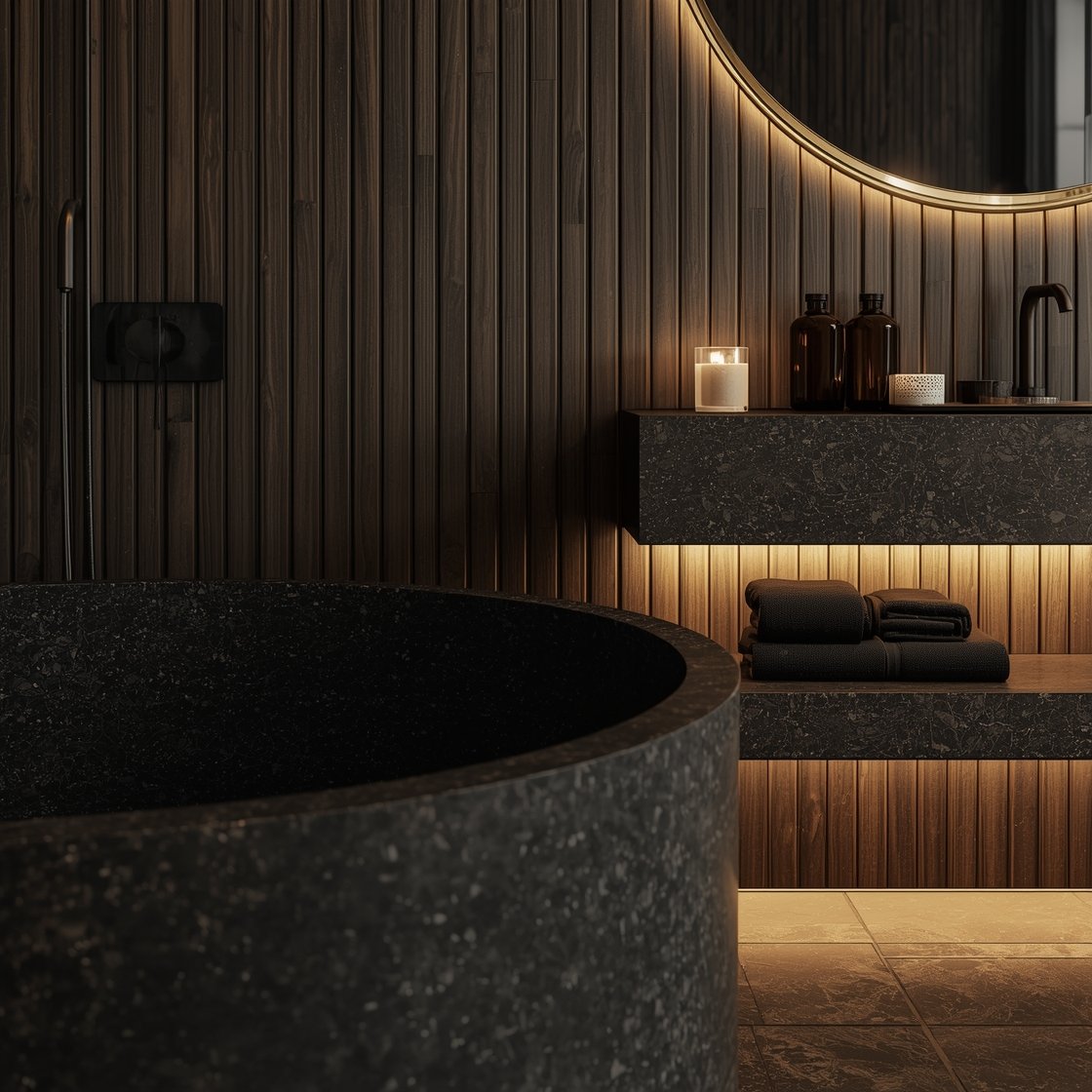 Photorealistic detail closeup of the black tea and charred wood luxe palette: tight angle on shou sugi ban charred wood planks with satiny sheen catching warm light; foreground shows the edge of a black terrazzo oval tub with subtle quartz flecks; adjacent tea-brown stone vanity corner with thin-edge mirror reflecting soft strip lighting under the vanity and along the tub base; aged bronze/brass fixture glows like candlelight; smoked glass apothecary bottles, black cotton towels neatly folded, incense tray; moody yet calming, ink black, tea brown, soft amber tones.