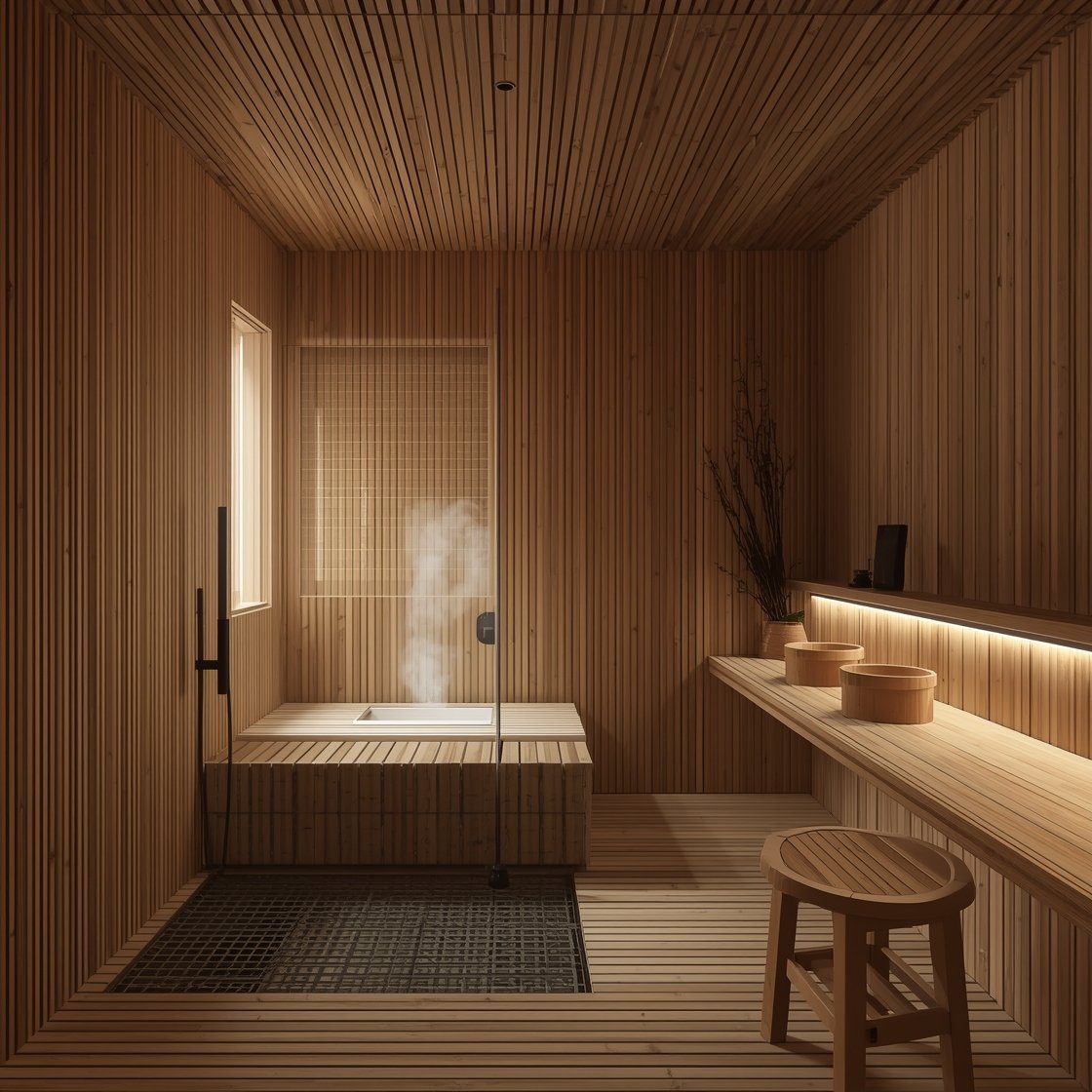 Photorealistic medium shot of a hinoki wood onsen retreat: vertical-grain hinoki cladding on walls and ceiling, deep compact hinoki ofuro tub with steam rising; slatted wood floor over discreet drain; an open shower area with a wooden bucket and ladle; a flush built-in bench; low, wide window with a bamboo screen filtering light; matte black hardware and a hinoki stool; eucalyptus bundle hanging near the shower; narrow LED strip tucked under a floating shelf casting a gentle evening glow; palette of pale honey wood, soft white, matte black accents.