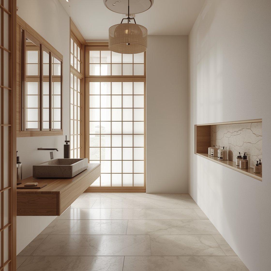 Photorealistic medium shot of a shoji serenity suite: shoji-style sliding doors with sealed washi-like/frosted acrylic panels casting filtered light; floating oak vanity with clean joinery and a rectangular stone vessel sink; mirror frames echoing a precise shoji grid; a long linear niche along the bath wall displaying neatly aligned bath salts and soaps; paper lantern pendant overhead; large-format porcelain flooring with subtle rice-paper texture; soft white, blond wood, warm bronze accents; restrained, elegant structure, serene mood.