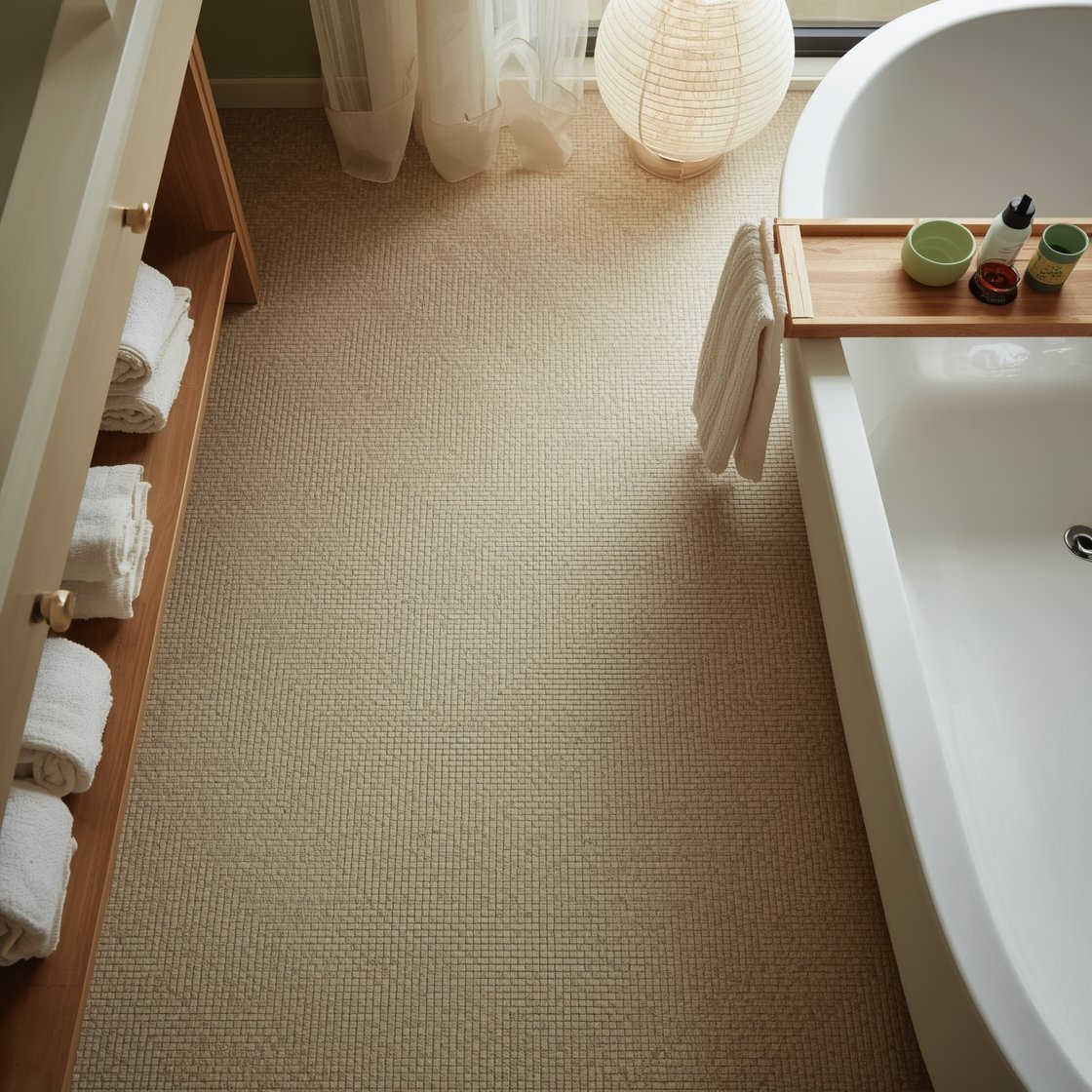 Photorealistic overhead detail shot of a tatami-inspired calm bathroom vignette: sand-beige porcelain floor tiles with fine weave texture laid in alternating orientation to mimic a tatami grid; edge of a matte white curved-edge soaking tub; maple vanity with finger-pull drawers partially visible; a long open shelf with neatly rolled towels and a ceramic tray holding bath tea and oils; bamboo bath caddy across the tub holding mint/matcha-colored ceramics; soft sage green wall in frame; rounded paper lantern glow softly illuminating cotton gauze curtains; airy, fresh spring-like mood.