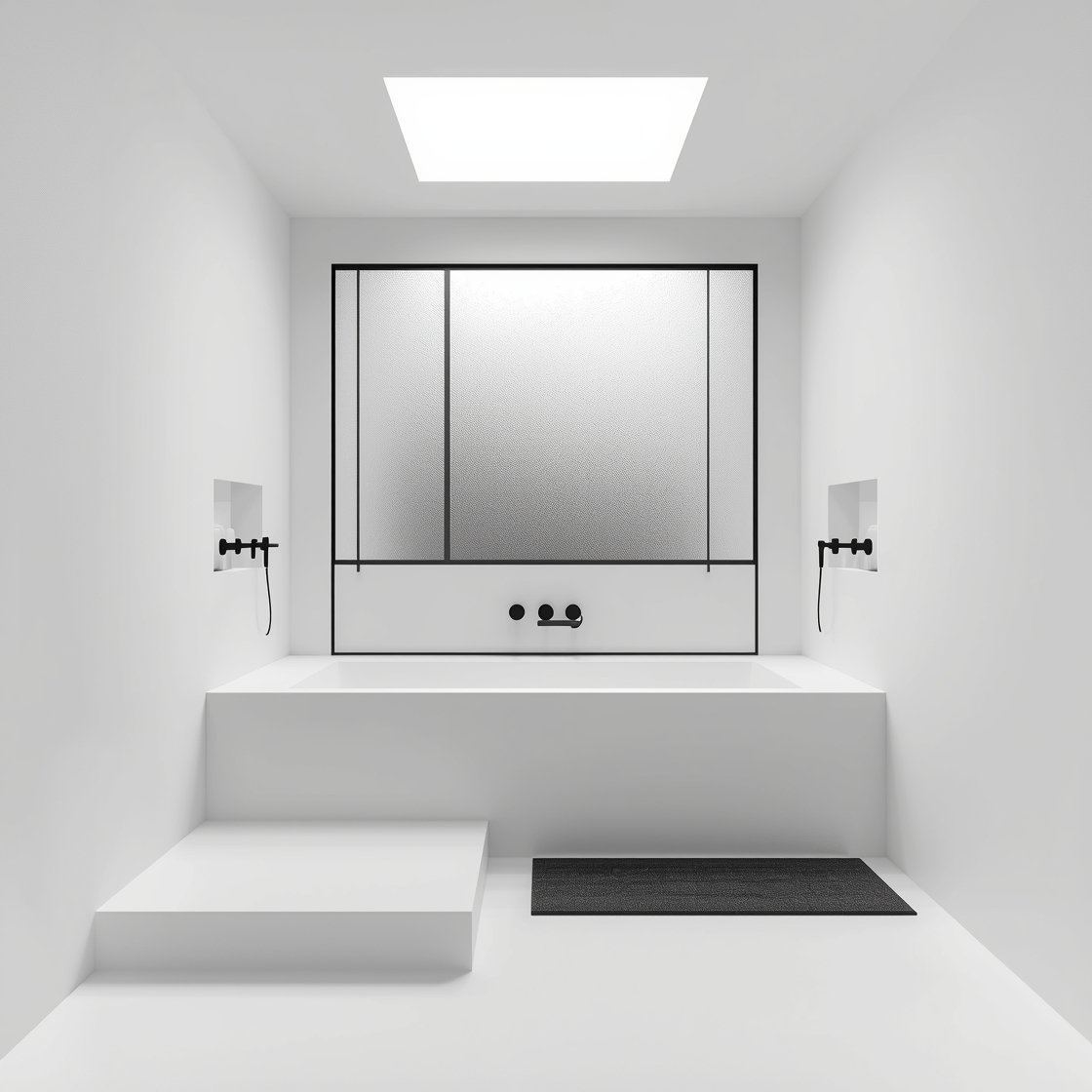 Photorealistic wide shot of a minimalist monochrome wet room: seamless matte white microcement across walls, floor, and ceiling; a rectangular soaking tub set into the floor with a narrow perimeter step; curbless shower with concealed linear drains; ultra-thin matte black fixtures like ink strokes; integrated flush niches holding only white ceramics and a charcoal bath mat; a black-framed shoji-inspired glass divider; frosted clerestory window bathing the room in diffuse top light; palette of cloud white, matte black, hint of charcoal; gallery-like calm.