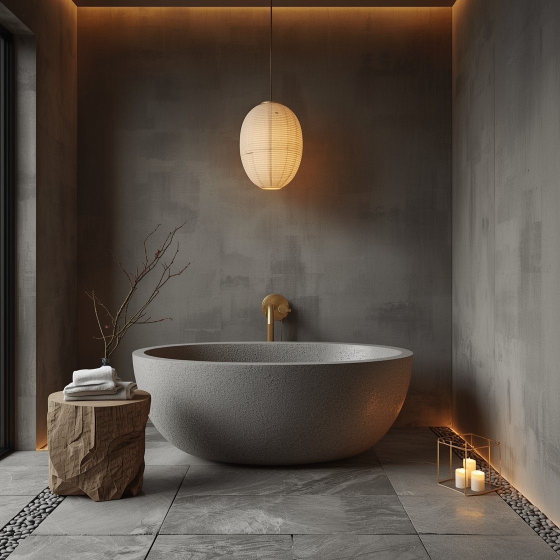 Photorealistic wide shot of a serene Wabi-Sabi stone spa bathroom at dusk: warm grey textured plaster walls, tumbled river stone pebble floor, a hand-carved rounded stone soaking tub centered with a slim brushed brass wall spout; a simple timeworn timber stool beside the tub with thin linen towels folded; a single branch in a clay vase and beeswax candles on the floor; soft, low lighting from a rice-paper lantern overhead and hidden LED along the baseboard so the tub subtly glows; palette of mushroom grey, stone taupe, muted brass; no clutter, patina-friendly finishes, calm atmosphere.