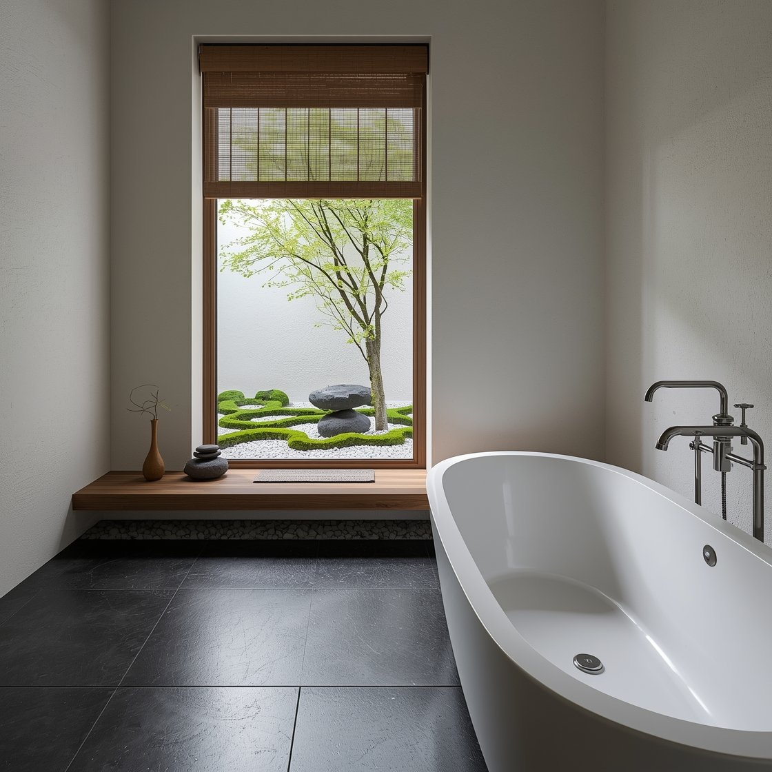Photorealistic wide shot of a zen garden courtyard bath: interior with charcoal slate tile floors, white plaster walls, slim teak ledge running the length of a single picture window; the window frames a pocket garden of moss, raked gravel patterns, a dwarf maple, and a small fountain stone trickling water; soaking tub parallel to the view; brushed nickel/stainless fixtures kept minimal; bamboo blinds partially drawn; river stones arranged on the teak ledge and a single ikebana arrangement; palette of charcoal, snow white, green foliage, teak; tranquil, nature-focused ambiance.