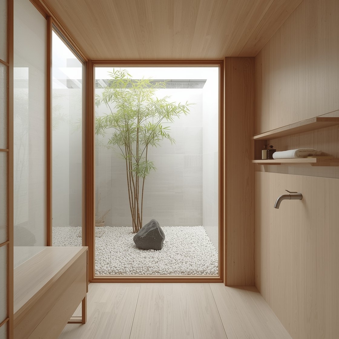 Straight-on medium shot, minimal zen courtyard: a compact rectangular cedar ofuro beside an indoor garden framed by glass—bed of white gravel, one upright black stone, a single bamboo stalk; sliding shoji screen filtering sunlight, pale ash wood surfaces, crisp white towels, wall-mounted spout, recessed shelf holding artisanal soaps; pure, minimalist mood.