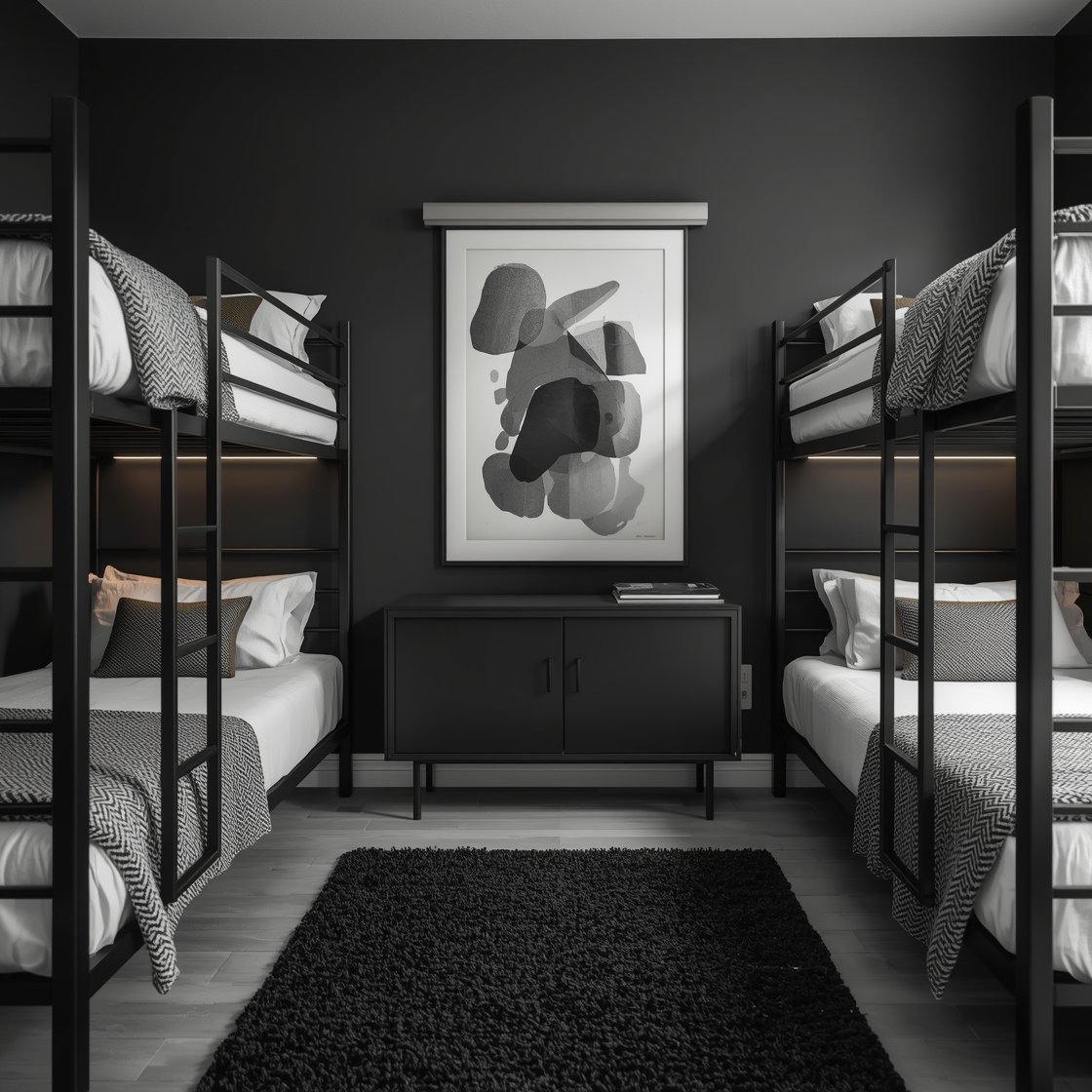 Straight-on medium shot of a modern monochrome room featuring matte black metal bunks with side-mounted rung steps instead of a ladder, charcoal-painted walls, crisp white bedding topped with graphite herringbone throws and a single olive bolster per bed; slim LED strip lights wash under the top bunk; a large black-and-white abstract print hangs above a wall-to-wall floating console with push-latch doors; low-pile black sisal rug anchors the floor; moody yet airy, soft directional lighting.