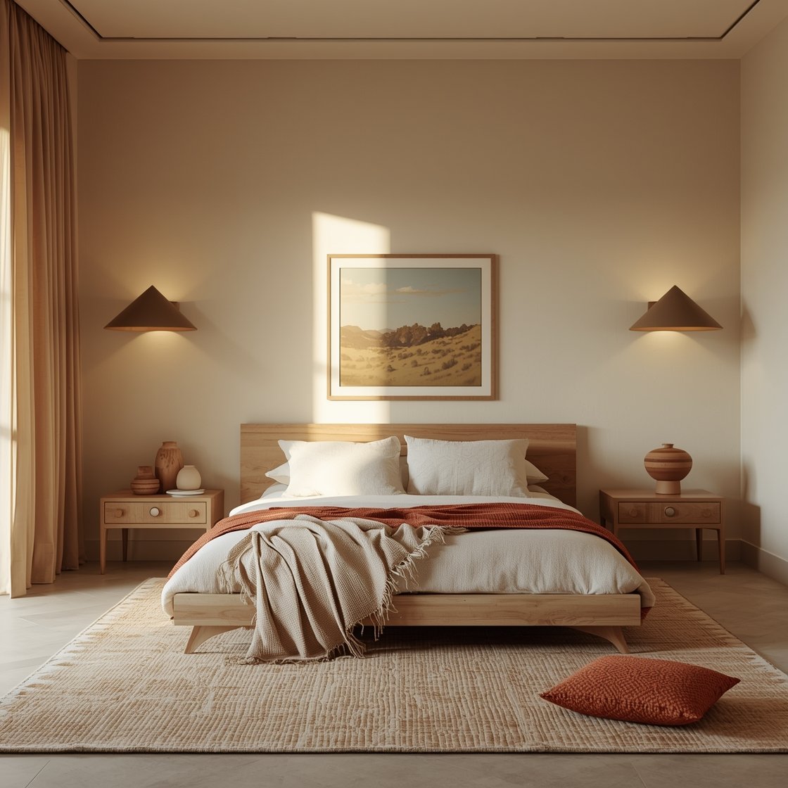 Wide bedroom, soft golden-hour light: Desert modern palette of terracotta, sand, sage, and bone; simple oak platform bed against a glowing limewashed wall; linen drapes floating; two patinaed 1920s nightstands with modern cone sconces above; Berber rug grounding the space; ceramic vessels, a vintage landscape artwork, and a single clay-toned woven throw; airy, serene mood, photorealistic.