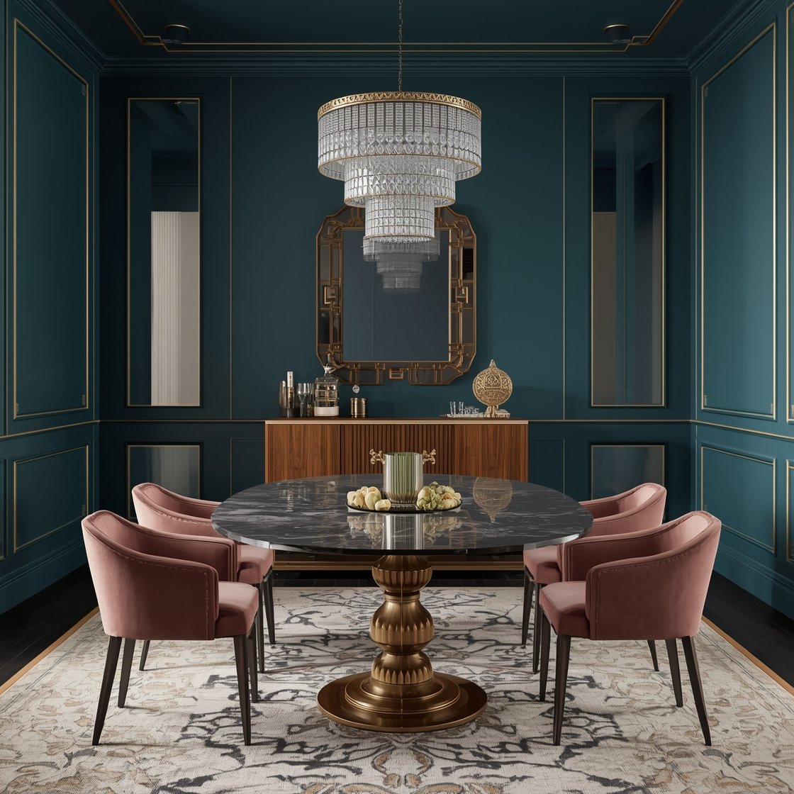 Wide dining room, straight-on: Art Deco glam space with deep peacock blue walls framed by thin brass picture-frame molding; an oval marble pedestal dining table surrounded by curved velvet chairs in dusty rose; overhead tiered glass chandelier sparkling; walnut sideboard styled with a vintage bar setup—cut crystal, brass shaker, deco mirror above; zebra-print runner adds drama; subtle reflective highlights, photorealistic.