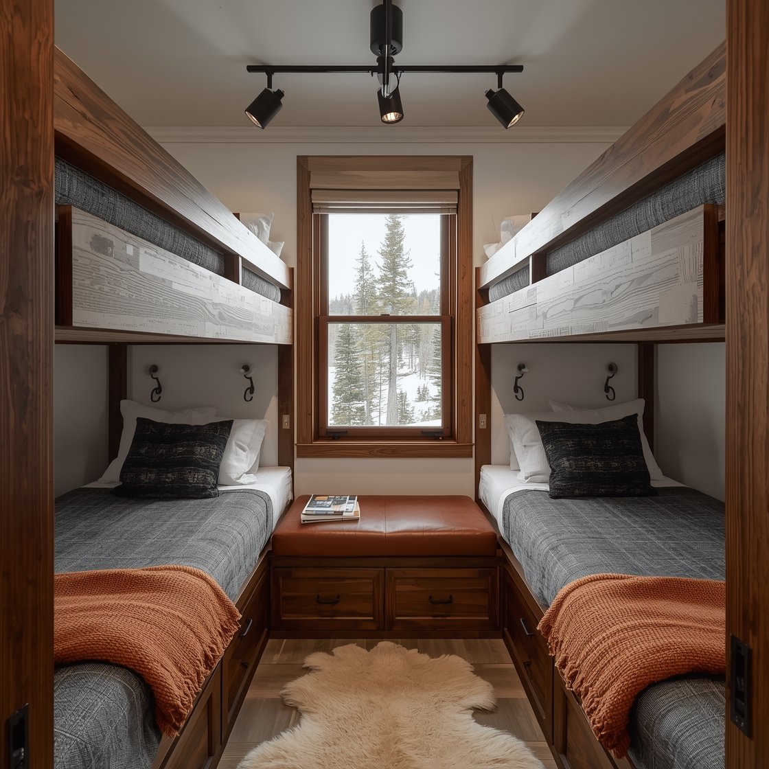 Wide overhead corner shot of compact quad bunks in an L-shape on two adjacent walls, bunks stained rich charred cedar with thick squared guardrails and integrated grips, warm white walls balancing the dark wood; streamlined heathered charcoal duvets, rust wool throws, ivory flannel sheets; black iron hooks at each bunk foot with personal items; shared leather bench under the window topped with a sheepskin pad; adjustable ceiling track lights aimed at each zone; cozy mountain-modern mood.
