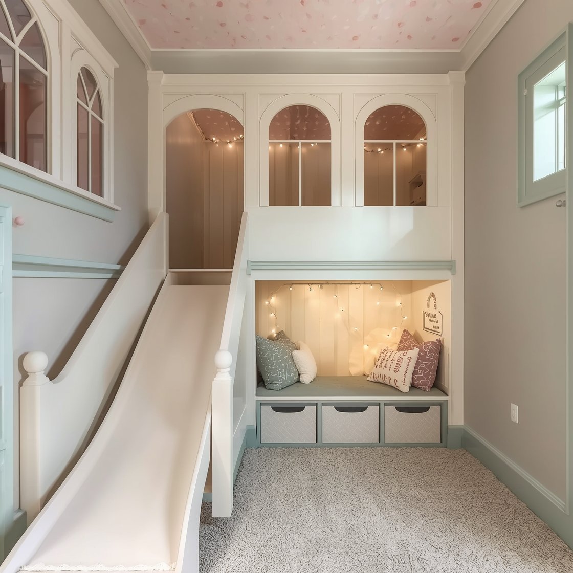 Wide, playful straight-on view: A whimsical playhouse bunk suite with a facade featuring arched windows and scalloped trim, finished in buttercream, sage, and blush. A gentle slide descends from the upper landing with protective side rails to a carpeted landing. Dotted wallpaper on the ceiling creates a storybook feel. Under the stairs, a tiny door opens to a secret reading nook glowing with twinkle lights and filled with floor cushions. The lower bunk has a canopy valance; the upper includes a peek-through window for sibling chatter. Materials show durable satin paint, rounded edges, soft-close cabinetry, and toy bins disguised as window-seat drawers. Bright, cheerful lighting, photorealistic.