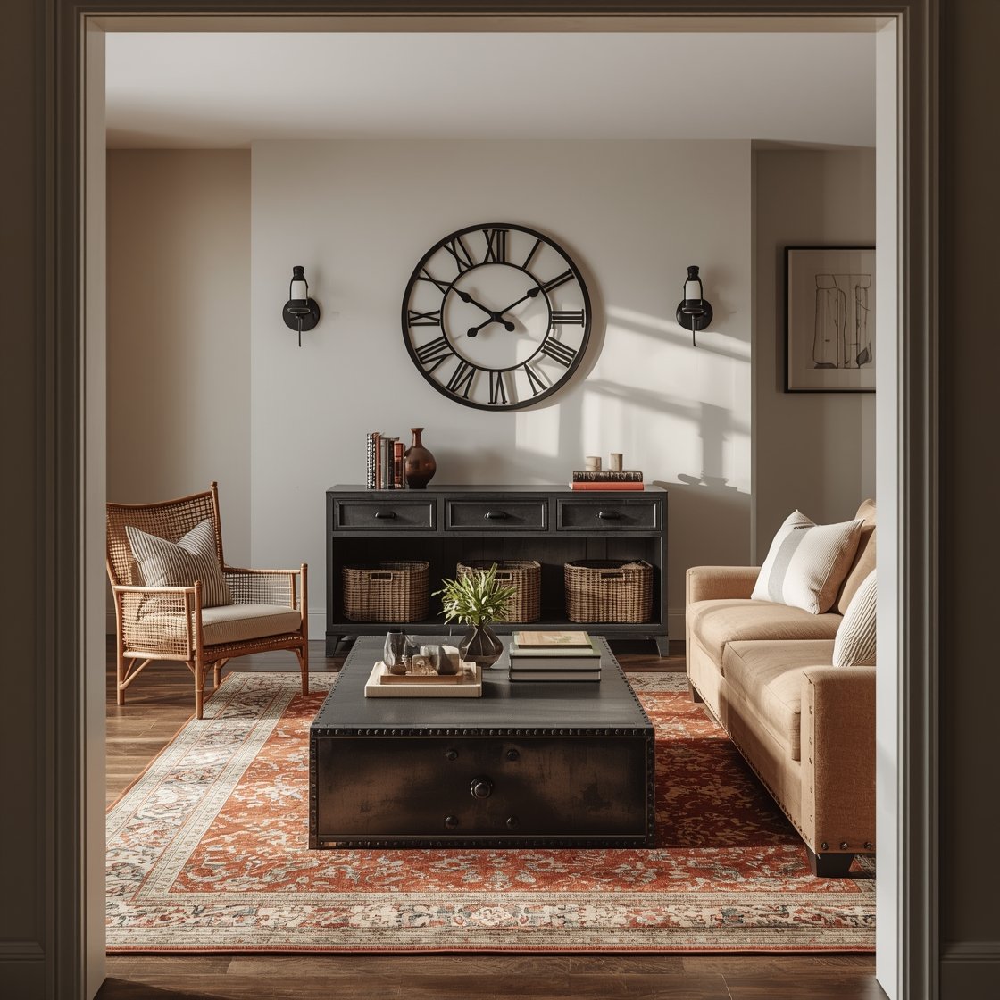 Wide room shot, angled from doorway: A rustic industrial-meets-refined cottage living room with warm greige walls and a rough-hewn reclaimed oak beam mantle. A riveted blackened-iron coffee table anchors the center on a vintage red-and-rust Oushak rug. A camel-toned linen sofa with ivory nubby pillows sits opposite a delicate French cane armchair. Black factory-style sconces flank a large antique clock on the wall. A console with woven baskets tucked underneath provides cozy storage; leather-bound books and iron candlesticks add character. Accent tones of rust, camel, and coal. Photorealistic, late-afternoon natural light with soft shadows.