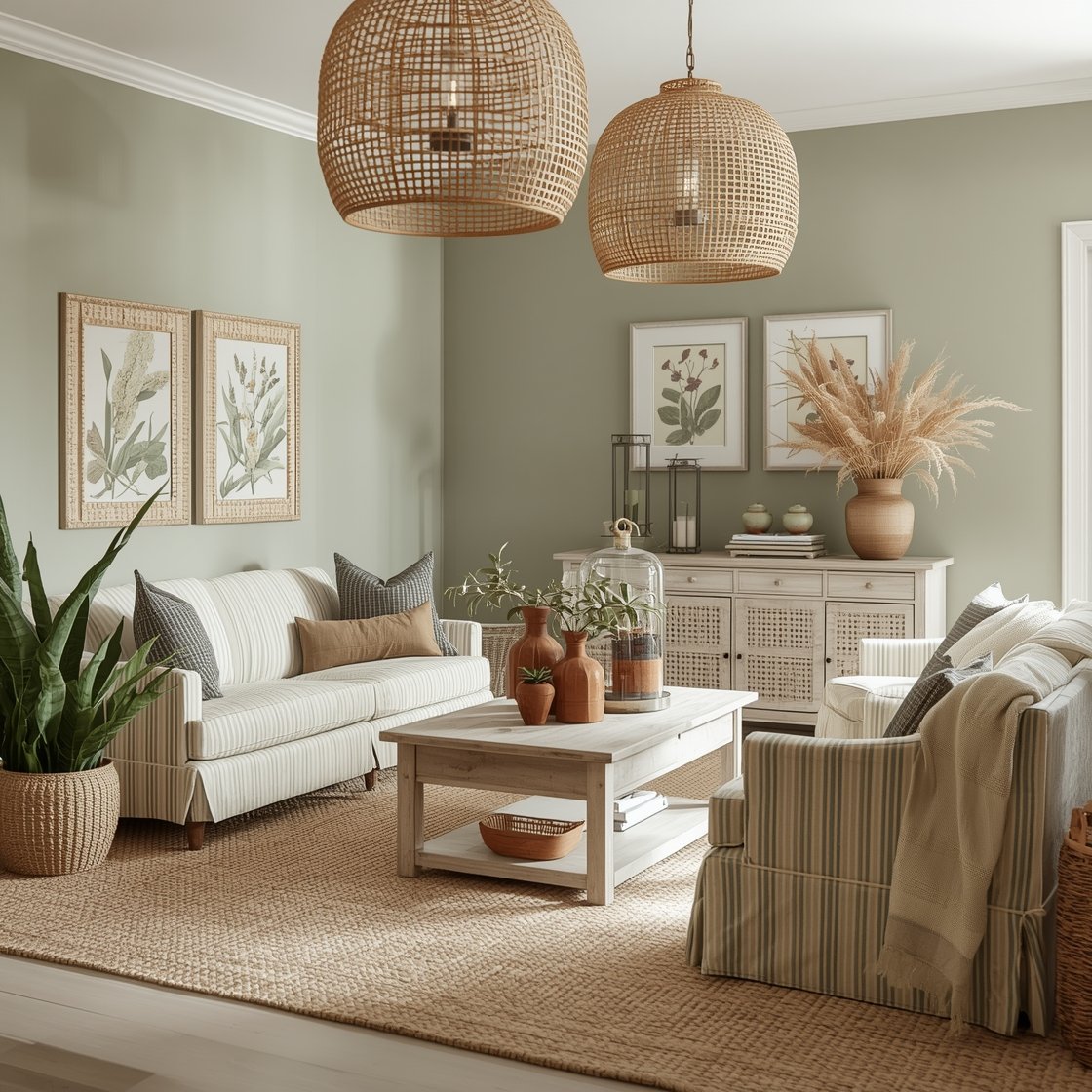 Wide room shot, corner angle: A garden greenhouse-inspired living room with soft moss green walls and abundant woven texture. A sage-and-cream ticking-stripe loveseat pairs with two slipcovered barrel chairs. Large rattan pendant lights hang overhead; a chunky seagrass rug grounds the seating. A cane-front sideboard against the wall displays botanical prints and iron plant stands. A weathered farmhouse coffee table holds a glass cloche filled with dried botanicals, surrounded by clustered terracotta pots and a basket of linen throws. Finishes of rattan, cane, and whitewashed pine; accent tones of clay, fern, and soft ivory. Photorealistic, bright natural light as if from a conservatory.