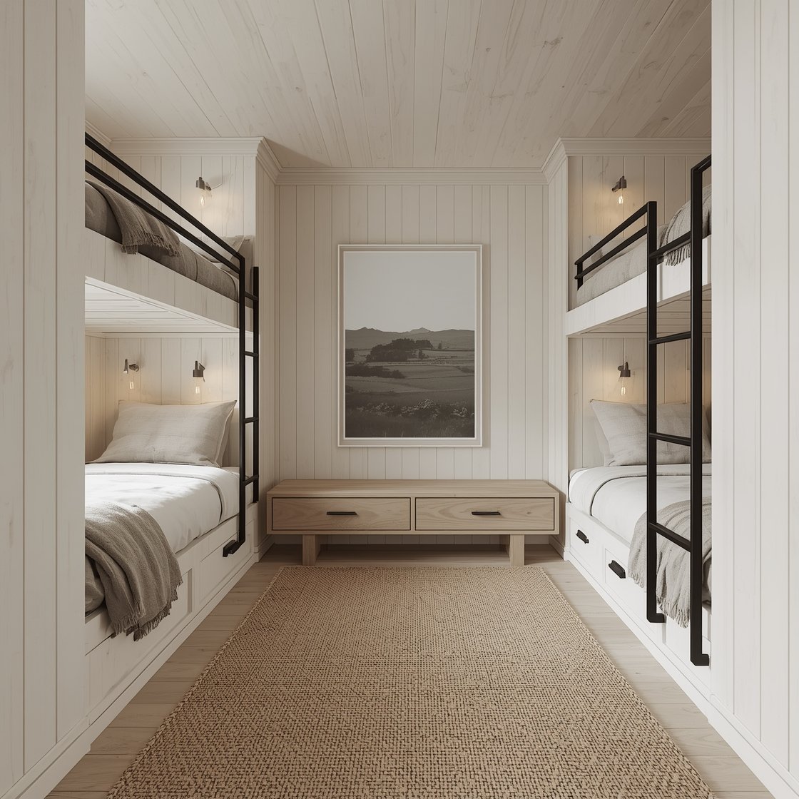Wide room shot, Nordic Cabin Calm: A serene bunk room with custom whitewashed oak built-in bunks featuring clean lines and rounded corners, creamy walls, pale gray wool throws, oatmeal linen duvets, a thick jute rug underfoot, and matte black ladder rungs for contrast; minimalist black sconces with warm bulbs at each pillow, deep drawers under the lower bunks with leather tab pulls, a narrow ash bench, and a single oversized landscape photo; soft natural daylight, photorealistic, no people.