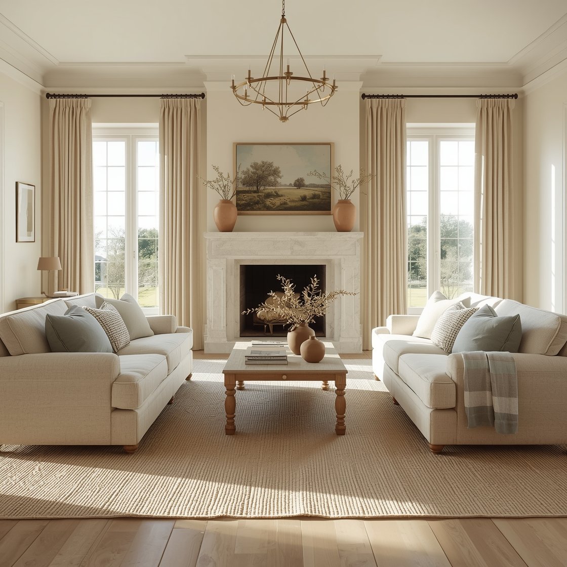 Wide room shot, straight-on view: A sunlit French country living room in a golden afternoon glow with buttery cream walls and a pale honed limestone fireplace as the focal point. A deep bench-seat oatmeal linen sofa faces two natural flax French bergère chairs. A bleached limed-oak coffee table with turned legs sits on a layered floor treatment: natural jute rug with a delicate, faded Persian-style runner atop. Accents in sage, pale sky blue, and soft wheat through pillows and pottery. Unlacquered brass details, linen pinch-pleat drapes framing tall windows, an airy iron chandelier overhead, antique landscape art above the mantel, and terracotta urns with olive branches. Photorealistic, warm natural lighting, soft shadows.