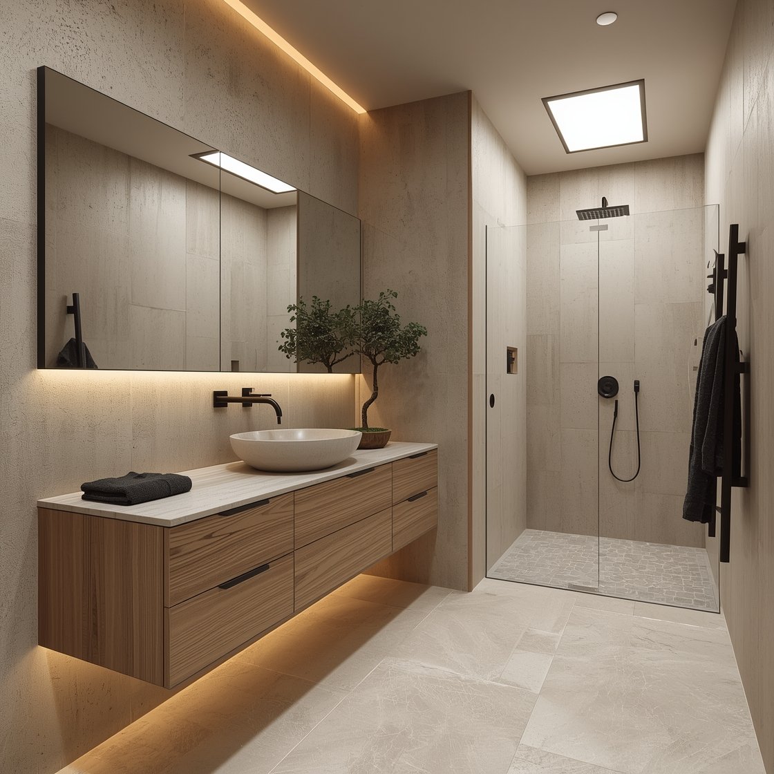 Wide room shot, straight-on view of a serene Japandi bathroom: sand-toned microcement walls, a floating oak vanity with slab-front drawers and visible wood grain, thin matte black wall-mounted faucet arcing over a soft oval stone basin, full-width frameless mirror reflecting light from a subtle skylight, large-format beige porcelain floor tiles with minimal grout. Include accents: charcoal waffle towels, a single bonsai, and a black ladder rack. Walk-in shower with clear glass and a matte black rainfall head. Warm 2700K LED strip glows under the vanity. Photorealistic, spa-calm mood.