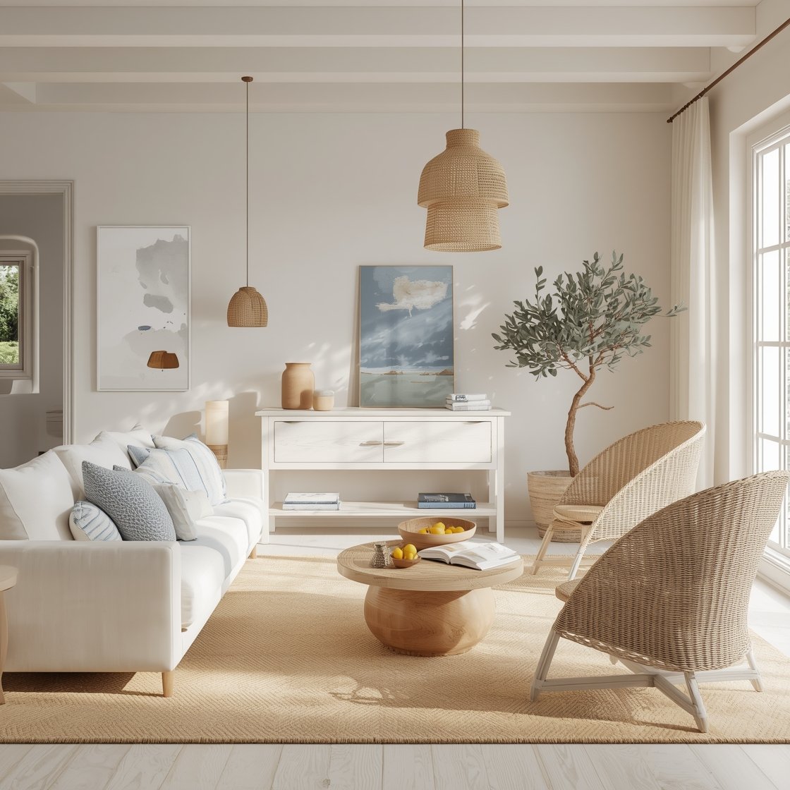 Wide room shot, Sunwashed Farmhouse With Coastal Breeze: airy living space in chalky whites, sea-glass blues, and sun-bleached woods; a cloud-like soft white sofa paired with a porous pale-wood console; striped cotton pillows, rattan lounge chairs, and a natural sisal rug; ceramic jugs on the console, driftwood accents, and a bowl of fresh lemons; woven pendant lights or a whitewashed chandelier overhead; an olive tree or eucalyptus in a terra-cotta pot near a window; bright, diffuse coastal daylight, breezy and light, photorealistic.