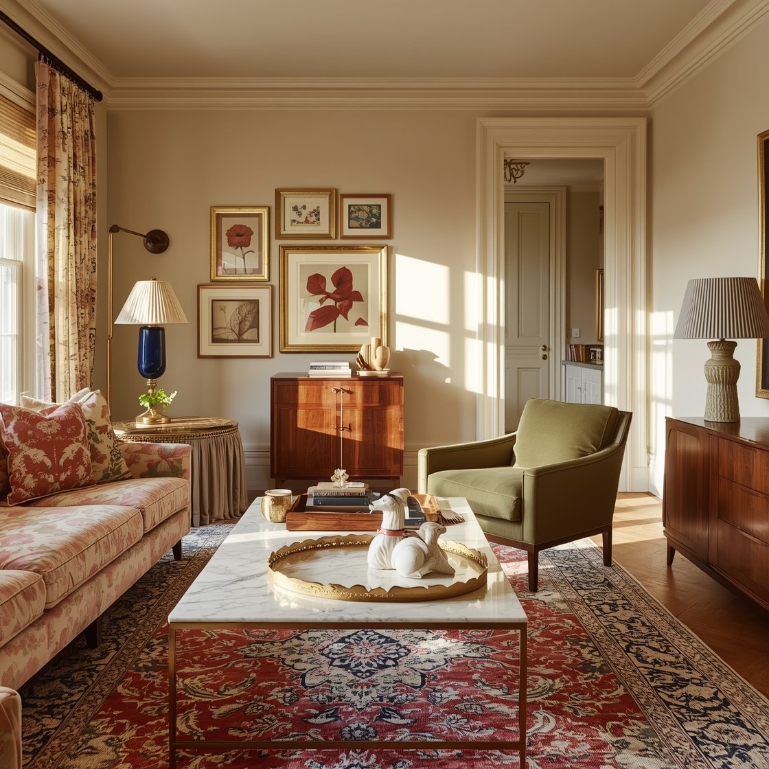 Wide room shot, Tea-and-Books Living Room at golden late-afternoon: buttery cream walls with picture molding; a rose-and-sage floral sofa; two moss velvet club chairs; Persian-style rug in cranberry and indigo; marble-topped brass coffee table styled with a scalloped tray and ceramic dog figurines; gallery wall of vintage botanical prints in mismatched gilt frames; brass swing-arm sconce above a skirted side table with pleated lampshade; clean-lined walnut media console for modern balance; warm, directional sunbeams and soft ambient glow; photorealistic, no people.