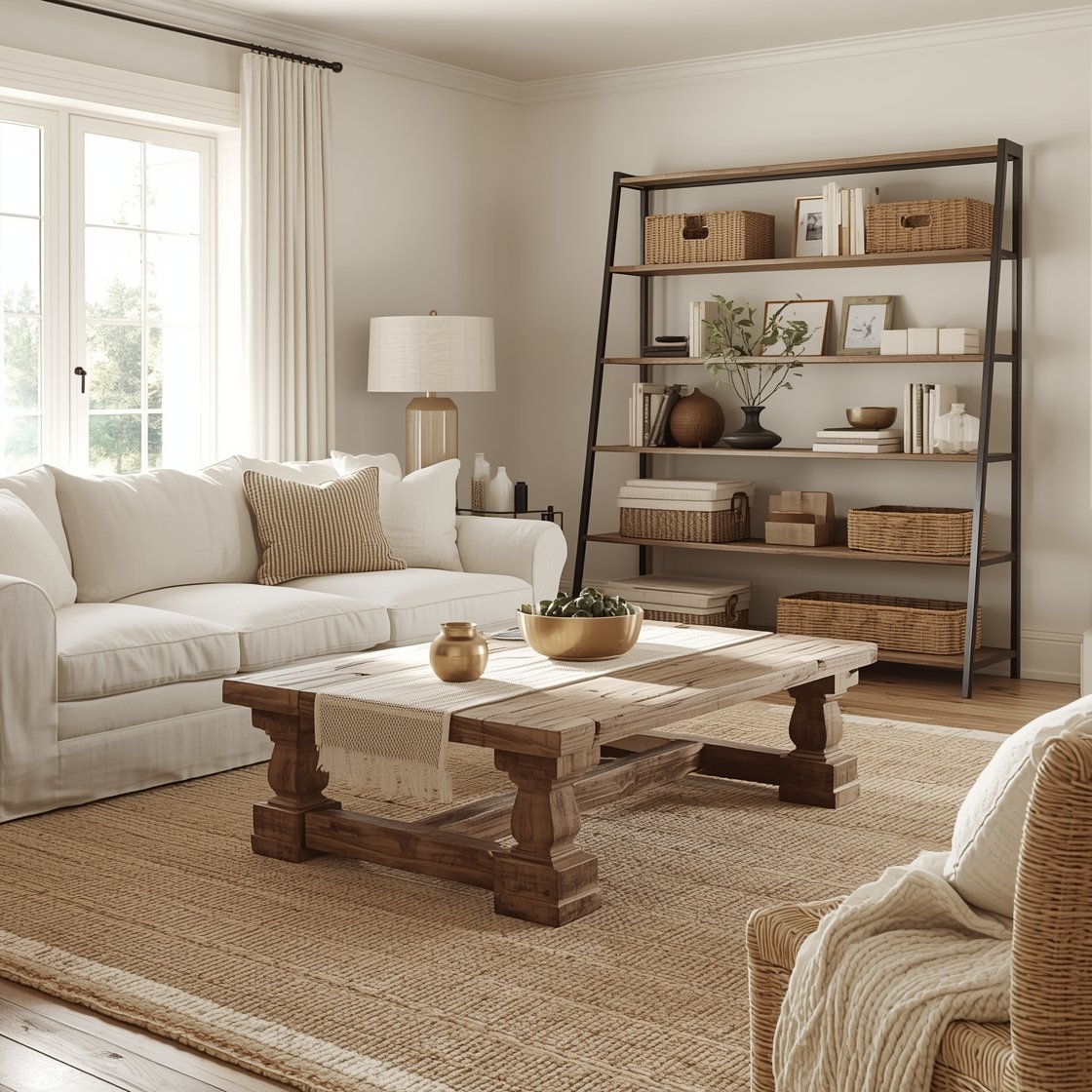 Wide room shot, Weathered Woods & Warm Whites: a sunlit farmhouse living room with creamy limewash-inspired walls, linen drapes, and an overstuffed slipcovered sofa in warm white; a chunky reclaimed wood coffee table centered on a layered floor of a nubby jute rug with a vintage Persian-style runner on top; a ladder shelf holding woven baskets; brushed brass hardware accents and subtle matte black details on lamp bases and picture frames; a bowl of olive branches on the table; textures of linen, jute, raw wood, and soft wool throws; soft natural daylight streaming in for a calm, airy mood, no people, photorealistic.