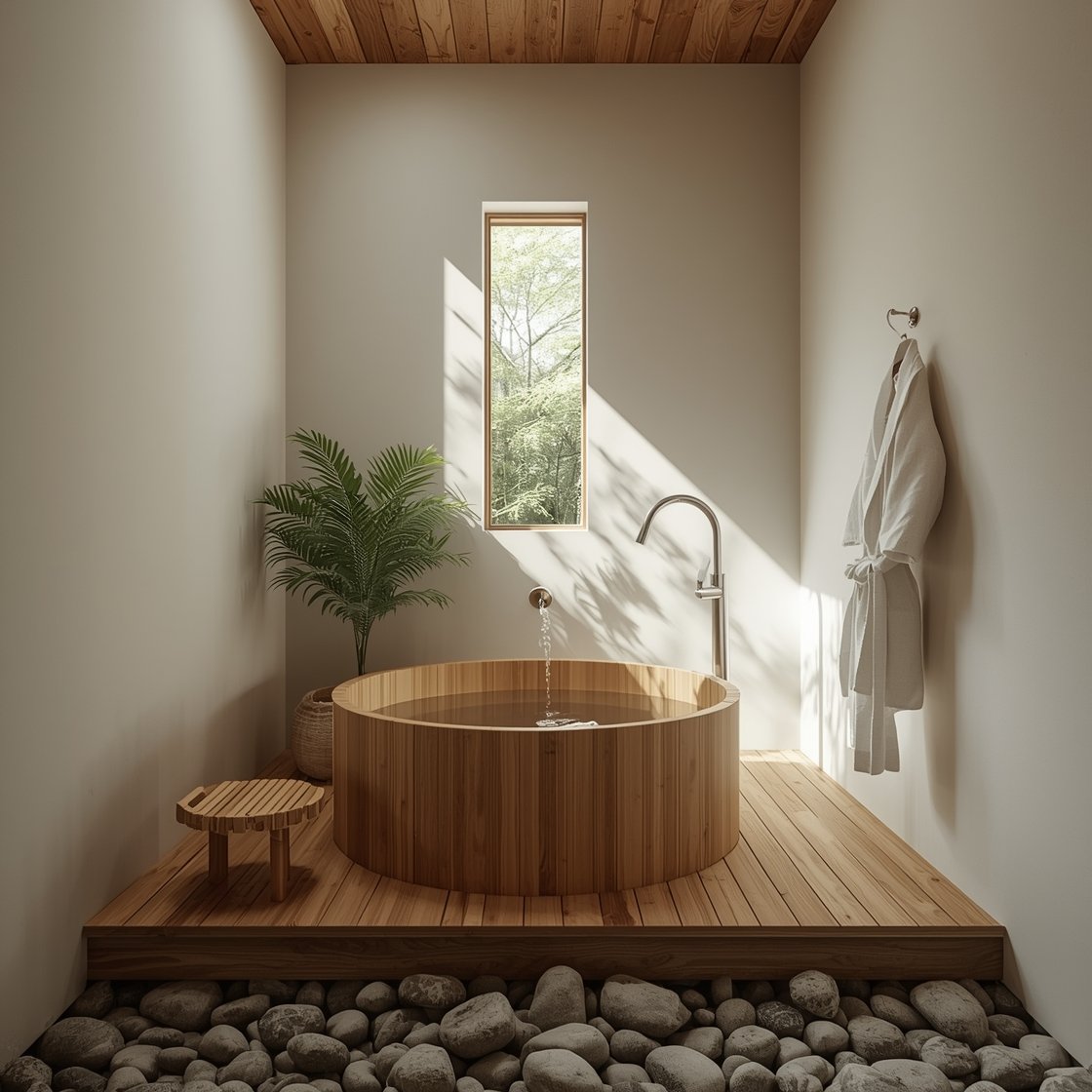 Wide shot, cedar onsen nook: a deep cedar ofuro tub set into a low wooden platform, matte white walls, floor around the tub covered in smooth river stones, a narrow shoji-style window casting dappled natural light, a small bamboo stool beside a slender wall-mounted spout, one leafy fern and a single white cotton robe; calm, airy mood, photorealistic.