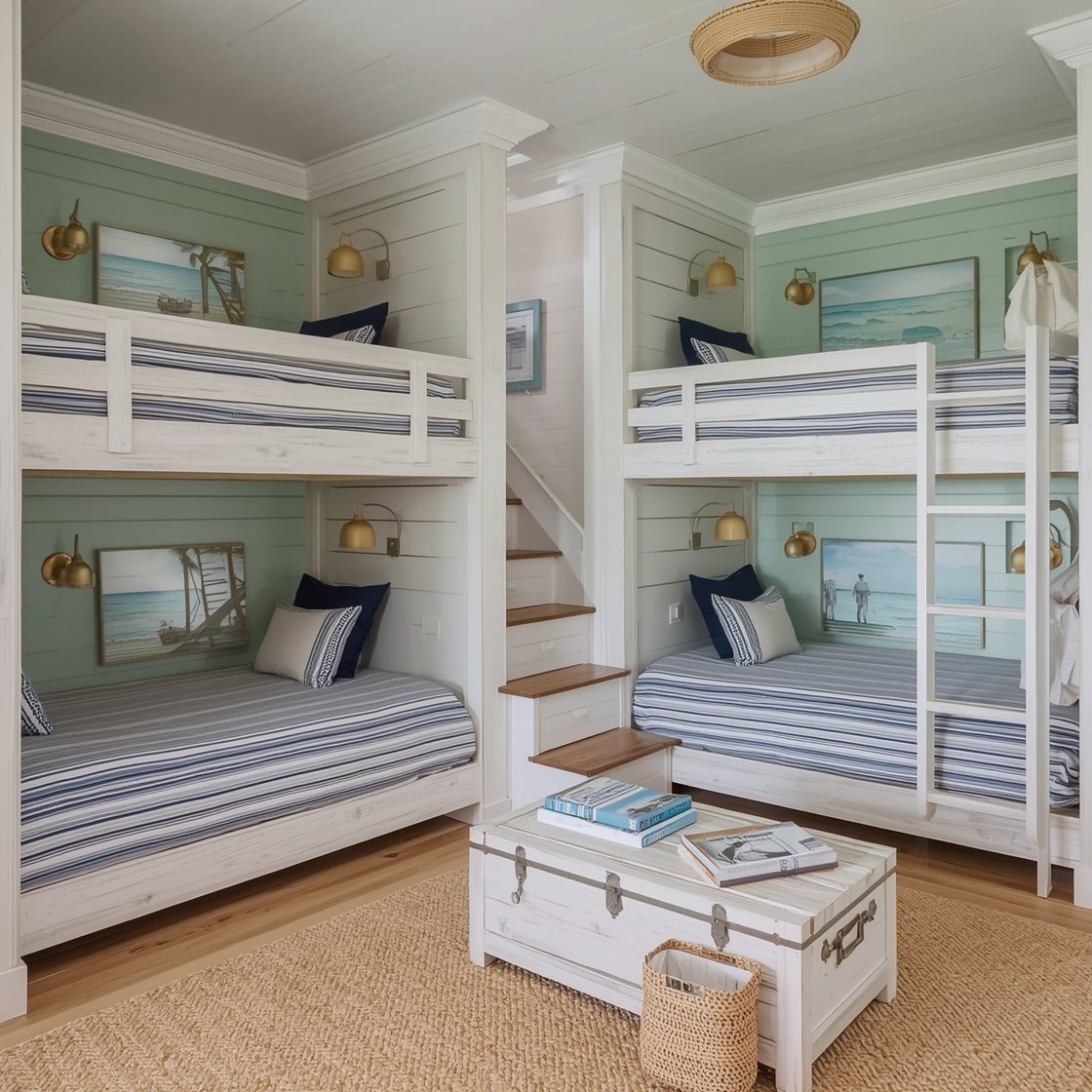 Wide shot, coastal cabin bunk nook: built-in bunks with whitewashed oak frames set into shiplap walls painted seafoam green, staircase with pull-out drawers instead of a ladder, brass reading sconces at each bunk, navy-and-white striped duvets, woven baskets at bedside, rope mirrors on the wall, framed ocean sketches, sisal rug underfoot, compact whitewashed oak trunk as a coffee table; natural daylight with a breezy beach-cottage mood, crisp and tidy.
