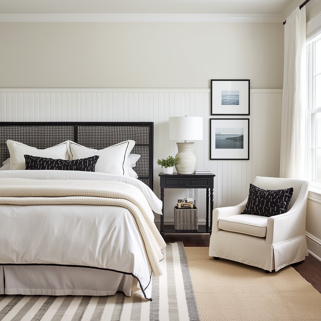 Wide shot — Coastal Quiet in Ink and Ivory: Soft cream beadboard half wall with smooth cream paint above. A black rattan headboard frames ivory cotton bedding with black piped edges and a lightweight knit throw. Black-painted bamboo nightstands with woven drawers, each topped with a chalky cream ceramic gourd lamp. Striped cream-and-natural flatweave rug, coastal photographs in black frames, and a cream slipcovered chair with a black lumbar pillow near the window. Airy seaside daylight, straight-on composition.