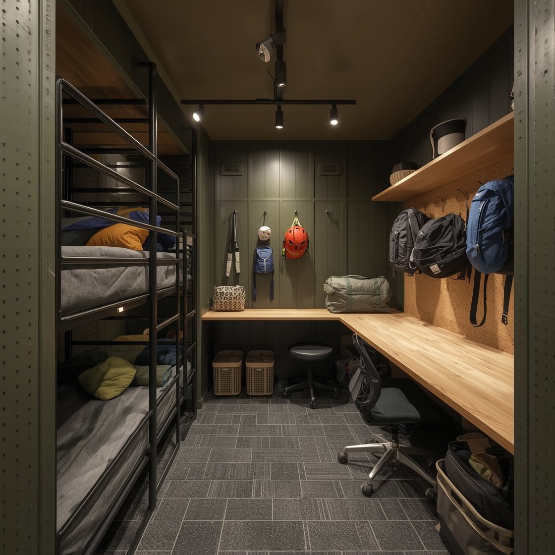 Wide shot from an overhead corner: An adventurer’s alcove featuring a triple-stack bunk along one wall with steel guardrails and perforated metal panels for ventilation. Opposite wall holds a long floating desk beneath a pin-up rail and corkboard strip. A gear wall with adjustable pegs and bins displays helmets, daypacks, and climbing shoes. Walls in matte olive with maple accents warming the space. Flooring is rubber-backed commercial carpet tiles. Lighting combines track spots across the ceiling and USB reading lights at each bunk. Under-bunk rollouts slightly open to reveal sleeping bags and duffels. Action-ready, photorealistic.
