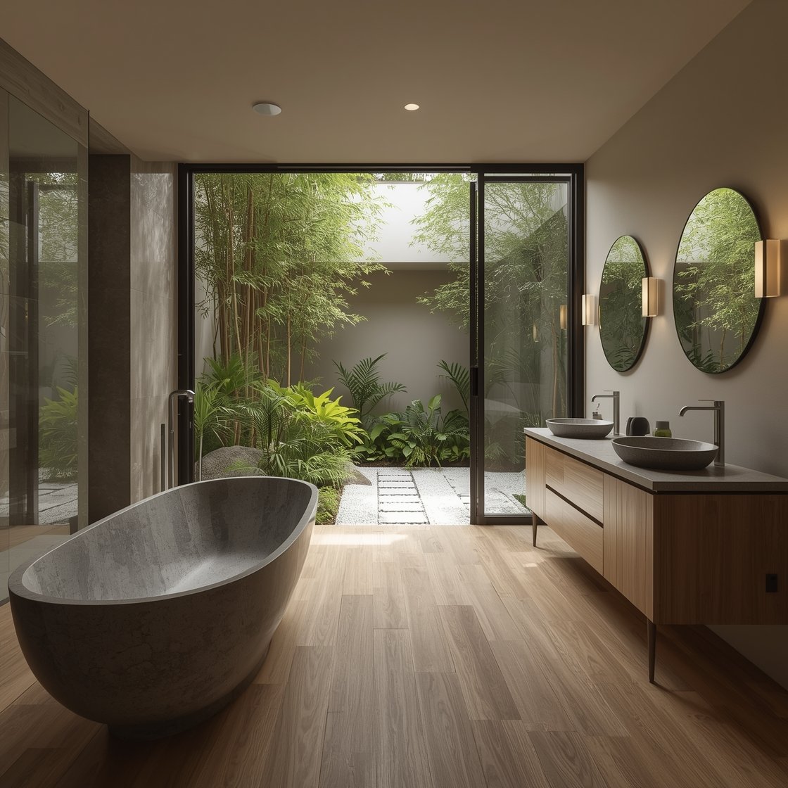 Wide shot, garden atrium bath: sleek stone tub facing a small atrium garden behind sliding glass, filled with bamboo, ferns, and white gravel paths; inside features warm oak floors, pale putty walls, a long floating oak vanity with two round mirrors, pebble footpath from shower to tub; abundant natural light reflecting greenery indoors; calm, biophilic ambiance.