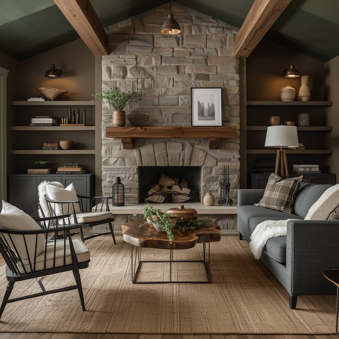 Wide shot, hearth-focused: Hearth and Hemlock Retreat with charcoal-brown walls tinged green, exposed beam shelves, and a chunky stone hearth. A sleek pepper-gray mid-century sectional spans the room with plaid wool pillows. Opposite sit two black spindle-back chairs draped with sheepskin throws. A live-edge walnut coffee table rests over a hand-braided jute rug with a soft kilim layered on top. Cone-shade pendants in oil-rubbed bronze and a lantern-style table lamp add warm pools of light. Potted hemlock sapling and trailing ivy on the mantel, iron fireplace tools, rough pottery mugs, and framed charcoal sketches. Woodsy, grounded, photorealistic.