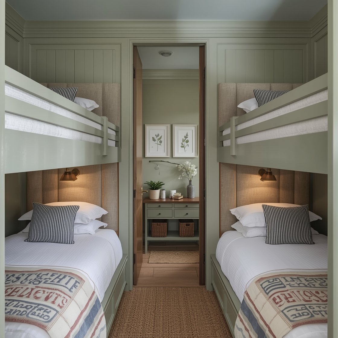 Wide shot, modern farmhouse guest bunk suite: two built-in queen-over-queen bunks with painted sage green paneling, antiqued brass hardware, linen stripe privacy curtains at each berth, upholstered headboard panels, individual sconces; sliding barn door at the foot of the beds leading to a compact wardrobe area; woven baskets, botanical prints, quilted throws, narrow console with a charging station; soft, warm ambient lighting.