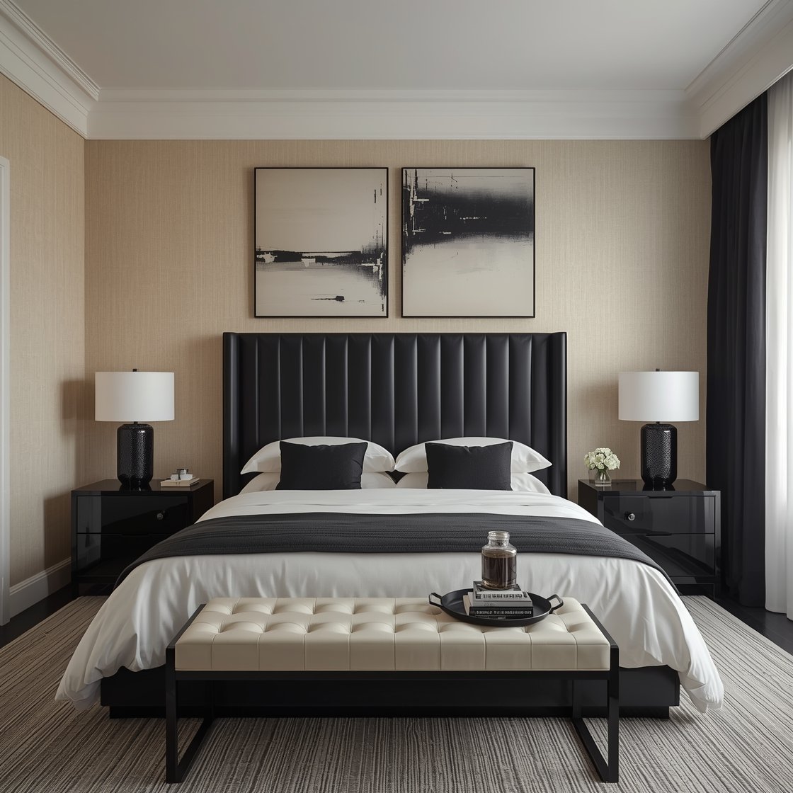 Wide shot — Modern Monochrome Hotel Suite: Cream grasscloth wallpaper wraps the room, anchored by a dramatic black channel-tufted headboard spanning the bed width. High-contrast bedding: cream duvet with a black hotel-style border, neat black euro shams. Lacquered black nightstands with smoked glass lamps, a sleek cream leather bench at the foot. Oversized abstract diptych in cream and charcoal above, double-layer curtains—sheer cream with black blackout panels. A small tray with carafe and books on a nightstand. Even, luxe evening lighting, straight-on.