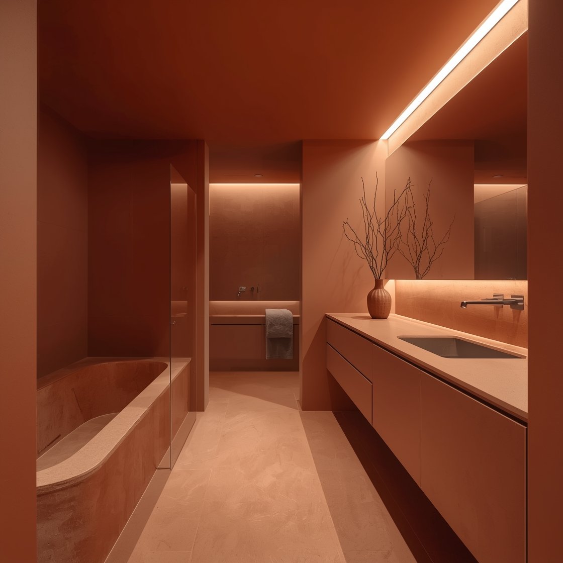 Wide shot, Monochrome Clay Capsule with Hidden Luxuries: An ultra-minimal cocooned bathroom where walls, ceiling, and built-ins share the same airy matte terracotta tone; slightly deeper terracotta microcement floor for seamless continuity; a carved trough-style tub with soft radius corners; walk-in, no-threshold shower; flush, handleless storage panels disappearing into the walls; brushed stainless fixtures with a subtle hotel-level glow; linear slot light over the vanity and dimmable perimeter cove lighting; a single sculptural branch in a matte terracotta vase as the only decor; calm, monastic atmosphere.