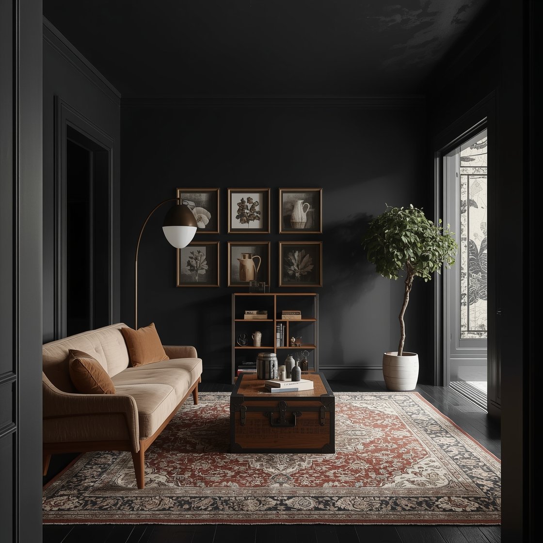 Wide shot, moody cocoon: Inkwell Cottage Salon where walls, trim, and doors are soft-black matte for a unified envelope. A teak mid-century sofa in latte velvet faces an antique trunk repurposed as a coffee table atop a tattered Persian rug in oxblood and pine. Above the sofa, a grid of gold-framed botanical etchings climbs; opposite wall features a flame-stitch tapestry. A sculptural arc lamp with a marble base arcs overhead, softly bouncing light off the velvet. Slim teak bookcase styled with ceramic pitchers, hatboxes, and old cameras; a single oversized fig tree adds height and softness. Shadowy, polished, photorealistic.