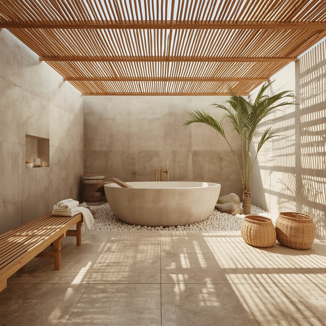 Wide shot, open-air bamboo pavilion: a smooth limestone tub beneath a slatted bamboo canopy filtering sunlight like leaves, warm large-format limestone floor tiles with minimal grout, a low teak bench, woven baskets for towels, a petite corner rock garden with white pebbles and one tall palm; palette of creamy beige, golden bamboo, and fresh green; bright natural light.