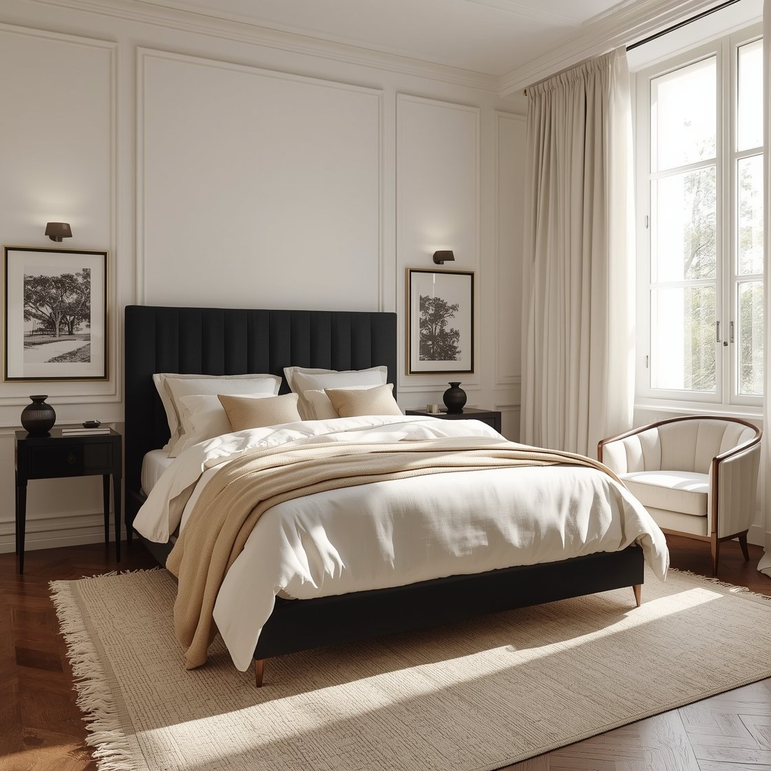 Wide shot — Parisian Apartment Chic: A photorealistic bedroom with cream walls and slim black picture-frame molding, a black upholstered bed with a subtle channel-tufted headboard, layered cream linen bedding and a soft beige cashmere throw. Petite black nightstands with antique brass knobs flank the bed, each topped with fluted glass sconces casting a warm glow. Herringbone oak flooring with a fringed cream wool rug, black-and-white sketches in slim black frames, and a cream velvet slipper chair by a window with breezy sheer curtains. Soft afternoon light, straight-on view.