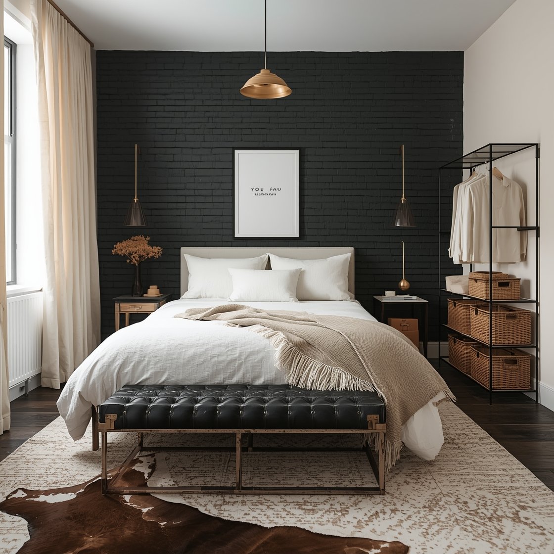 Wide shot — Rustic Loft with Soft Luxe: A bedroom with a black-painted brick wall behind a near-black reclaimed wood bed, other walls finished in creamy limewash. Cream flannel sheets and a nubby throw on the bed, iron sconces on the brick, a cream cowhide rug layered on the floor. A distressed black leather trunk-style bench at the foot, open black metal wardrobe rack with woven cream baskets. Unlined cream curtains pooled slightly, minimal typographic print in soft black. Natural loft daylight from side window.