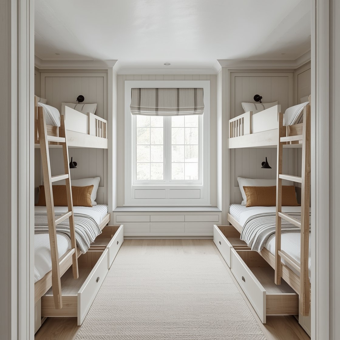 Wide shot, Scandinavian cabin nook with built-in floor-to-ceiling bunks in warm white tucked into a wall niche, pale oak ladders and slim guardrails, matte black reading sconces at each bed, soft greige walls, natural wood flooring with a low-profile wool rug, crisp white duvets with thin graphite pinstripe throws, one camel leather lumbar pillow per bed, flush-mount linen ceiling shade; bright, soft natural light emphasizing calm, clean, cozy minimalism and deep under-bunk drawers slightly ajar.