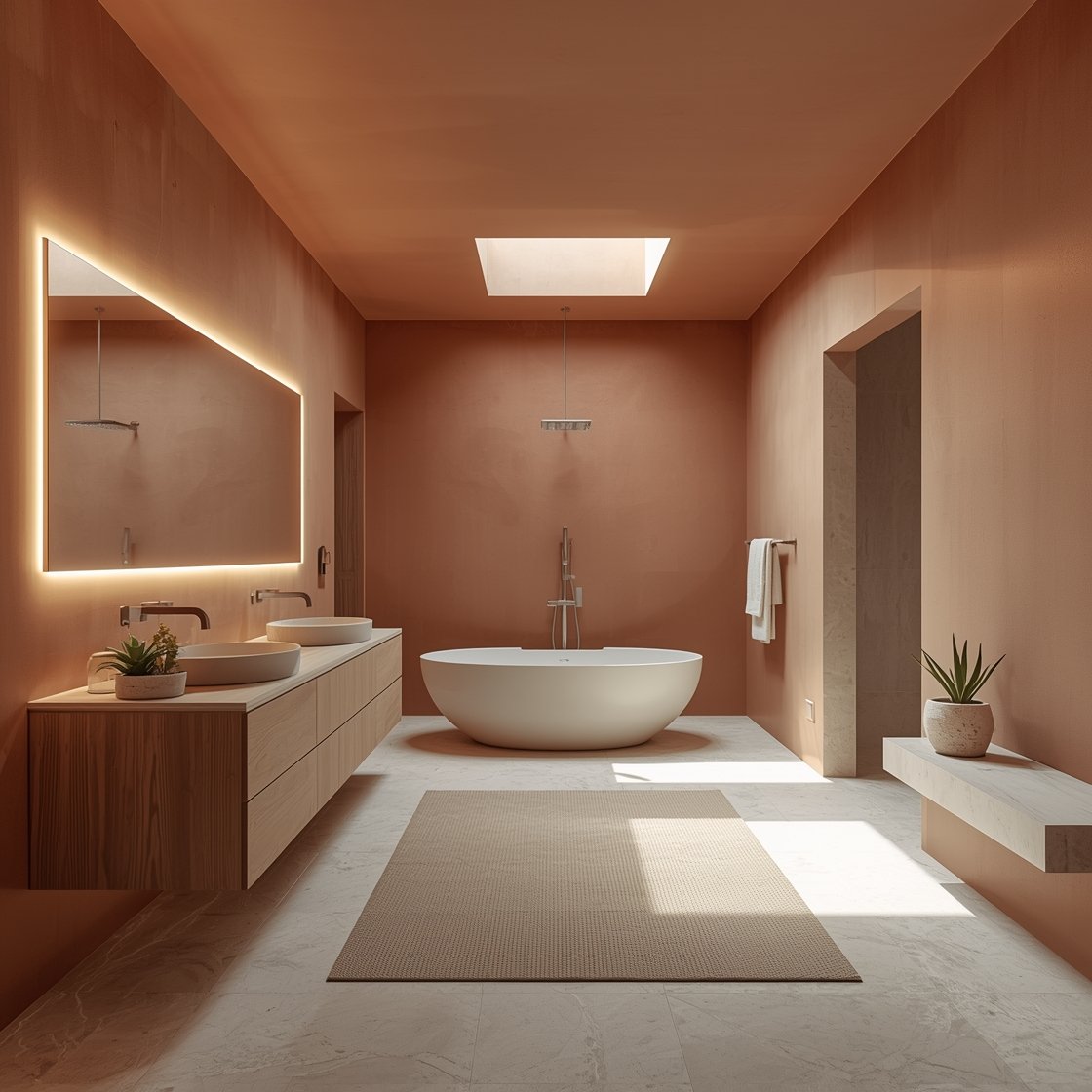 Wide shot, Soft Desert Spa with Floating Forms: A serene minimalist bathroom wrapped in silky matte terracotta plaster walls and ceiling, honed pale limestone floors, a long floating oak vanity with a full-width rimless mirror glowing with warm perimeter LED backlighting, a freestanding matte-white oval tub centered beneath a skylight catching soft sun, brushed nickel wall-mounted taps and slim rainfall shower head, floating shelves and a slim floating bench in the shower, cream waffle towels, a sandy cotton bath rug, a travertine stool, and a single desert aloe in a stone pot; palette of terracotta blush, bone, and limestone beige; daylight diffused softly, airy and uncluttered.
