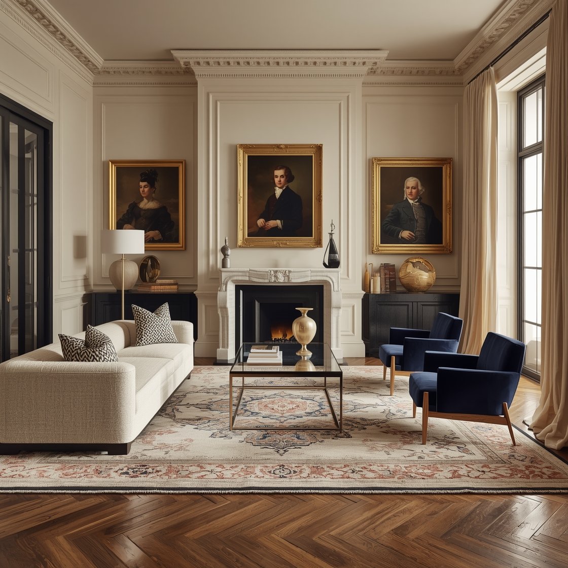 Wide shot, straight-on: A Parisian-inspired living room with cream walls and tall black trim, a vintage marble fireplace, and soft herringbone wood floors; a modern low-profile ecru bouclé sofa faces two inky navy velvet club chairs; centered brass-and-smoked-glass coffee table; sculptural mid-century floor lamp; gilt-framed oil portraits on the wall, stacked art books, and one oversized ceramic urn; silk drapes puddled on the floor; a softly toned Persian rug; warm afternoon light, photorealistic.