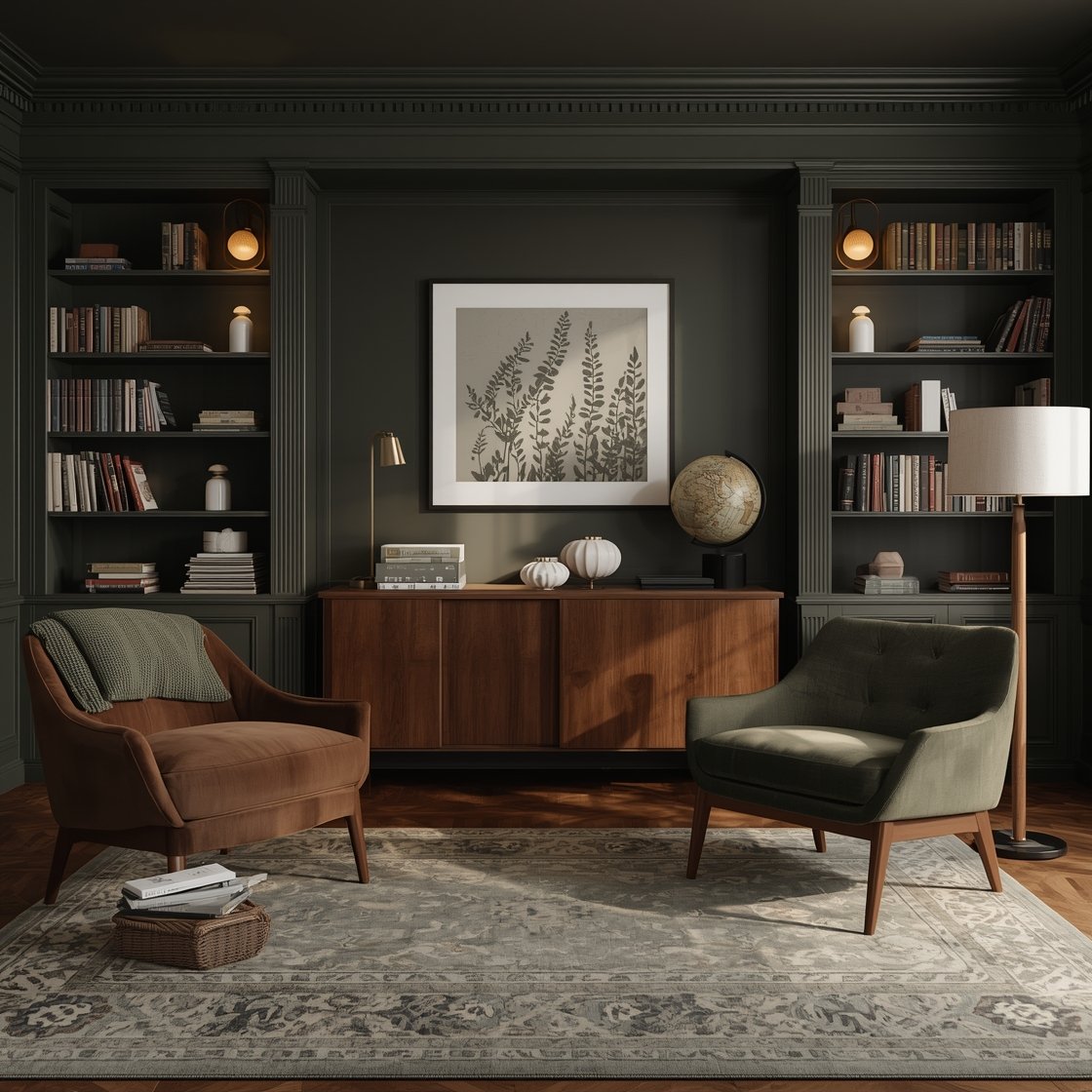 Wide shot, straight-on view: A moody Forest Library Lounge with satin-finish evergreen walls reflecting lamplight, built-in shelves flanking a warm walnut media console loaded with vintage books and ceramic mushrooms. Centered camel leather mid-century sofa with clean squared lines faces a tufted olive velvet accent chair. A muted Persian rug in fern and russet grounds the space. Brass swing-arm sconces and a tapered linen floor lamp with a walnut stem provide warm, low lighting. Hand-loomed mossy wool throw and embroidered folk-floral cushions on the sofa, pressed fern art in black frames, a vintage globe, and a stack of wooden puzzles complete the scene. Photorealistic, evening glow, no people.