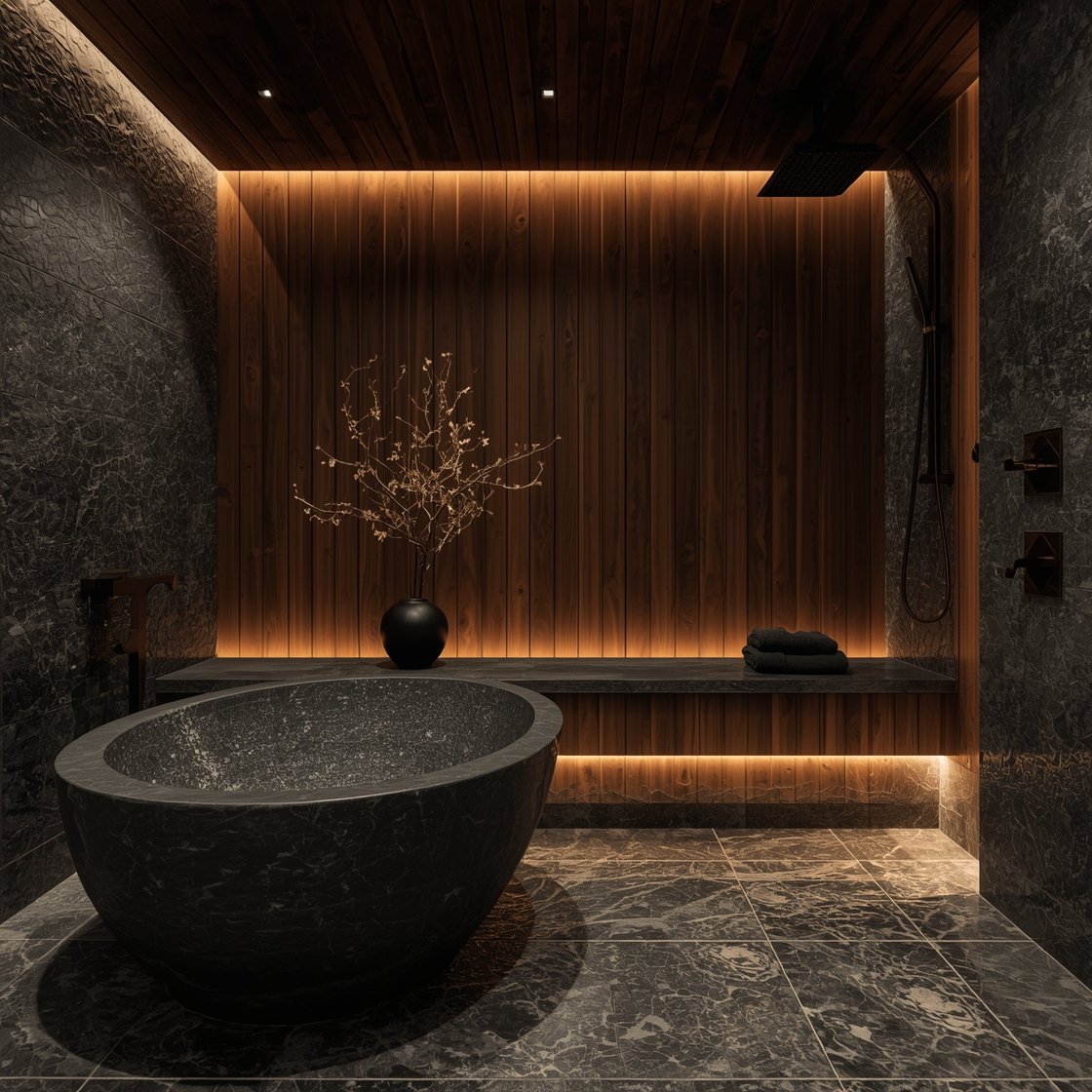Wide shot, volcanic spring: sculpted stone tub surrounded by lava stone tiles, dark-stained sugi (cedar) wall paneling evoking an onsen cave, soft amber LED strip lighting beneath a floating bench glowing onto the floor, a wide oil-rubbed bronze rain shower, elemental decor with a single black vase holding a branch and charcoal cotton towels; moody, low light.