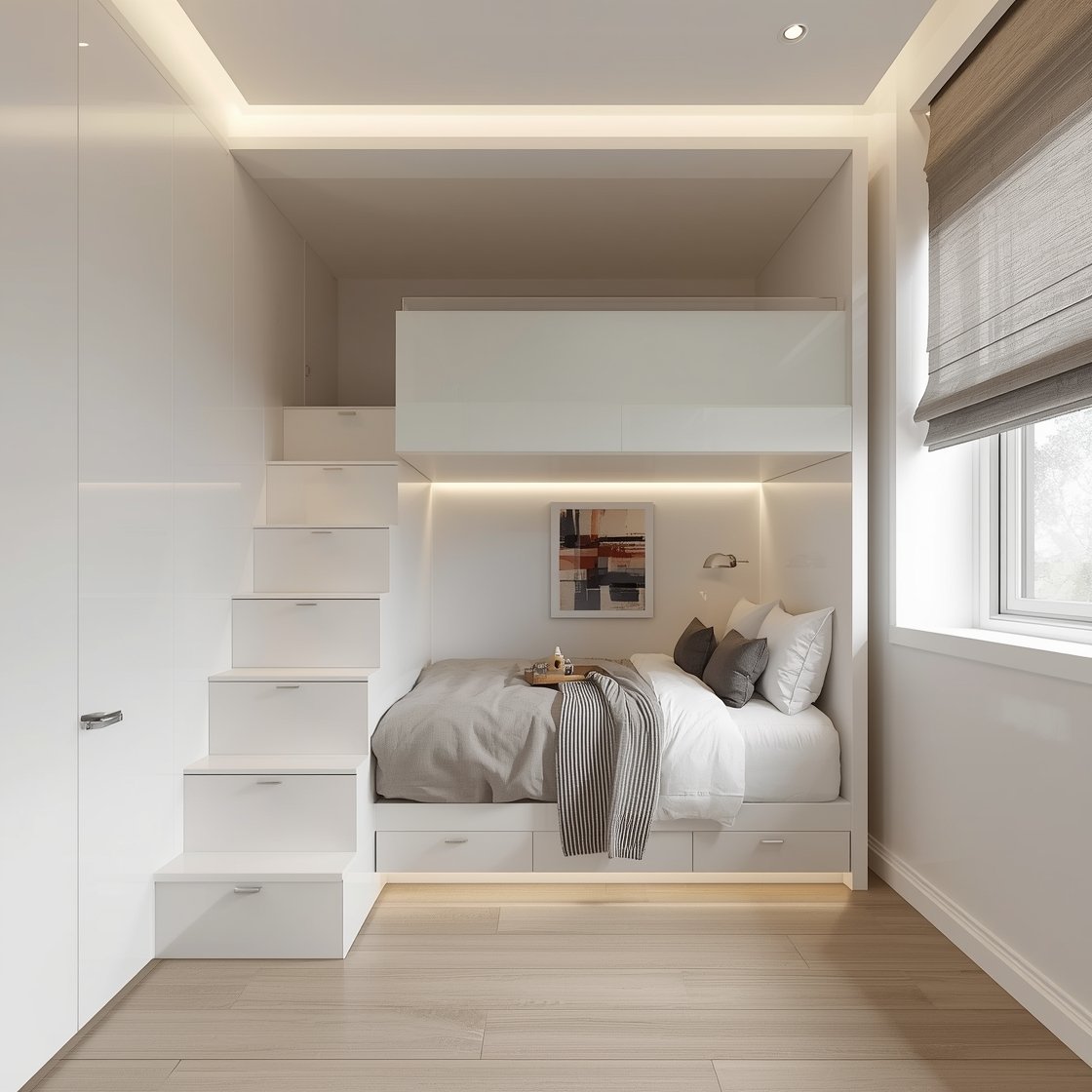 Wide, straight-on contemporary minimalist bunk: smooth white lacquered bunk enclosure with a frosted glass rail on the top bunk, integrated side steps with soft-close drawers, hidden LED light line along the mattress platform; restrained palette with soft gray duvets, pale oak flooring, single oversized abstract print on the wall, brushed nickel details, sheer linen shades filtering daylight; sleek, architectural, photorealistic.