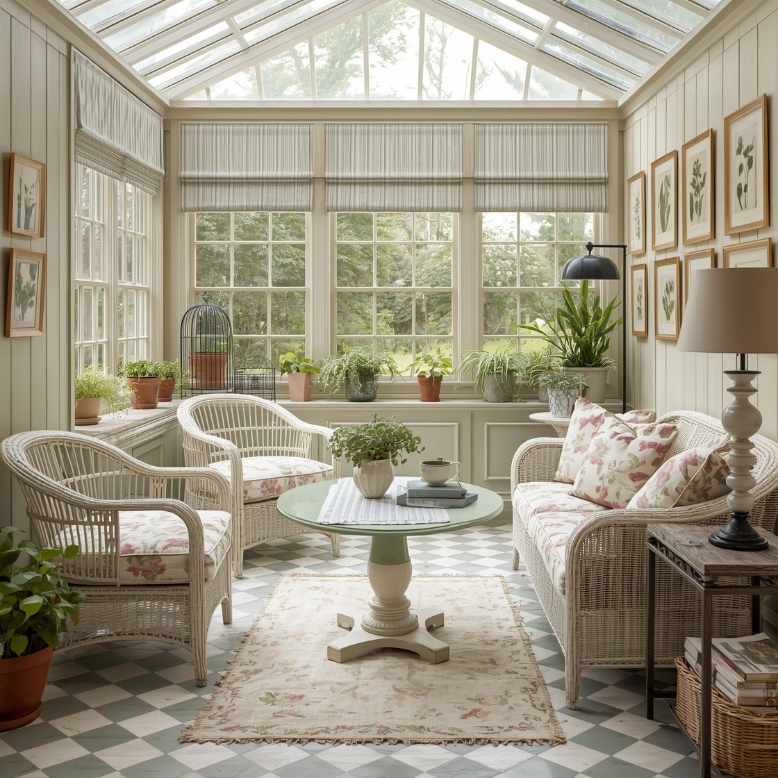 Wide sunlit Garden Room: whitewashed wicker chairs and a chintz loveseat arranged around a painted pedestal table topped with a lace runner and stacked vintage gardening books; checkerboard floor in sage and cream; abundant botanical prints on the walls; potted herbs and small plants on side tables and window sills; palette of fern green, ecru, blush, and terracotta accents; pressed-flower frames, rattan magazine rack, scalloped lampshade; slimline roller shades and a simple black metal floor lamp as modern touch; bright, greenhouse-like natural light; photorealistic, no people.