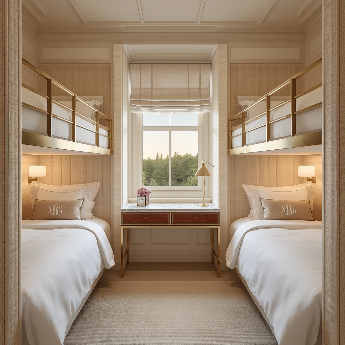 Wide symmetrical view, Quiet Luxury Suite: Elegant bunk room wrapped in cream grasscloth, bunks upholstered in textured bouclé with channel-tufted headboards inside each niche; twin-over-queen configuration with brushed brass rails, a marble-topped console centered between bunks, perfectly pleated Roman shades; palette of ivory, soft taupe, warm brass, and walnut; high-thread-count sateen bedding with subtle tonal monogram; slim picture lights over framed abstracts, dimmers set to a warm evening glow; photorealistic.