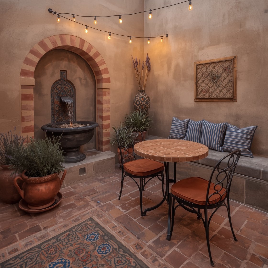 Corner-angle medium shot of a Mediterranean courtyard during evening: stamped concrete in a terracotta tile pattern with soft hand-tinted washes of burnt sienna, clay, and honey; round tile-topped bistro table with wrought-iron chairs featuring cinnamon cushions; a copper fountain bowl quietly burbling in the corner; clusters of oversized terra-cotta pots with olives, rosemary, and lavender; indigo-striped pillows and patterned Mediterranean tiles on accent surfaces; string lights zigzagging overhead adding warm glow; mosaic outdoor rug defining the dining zone; colors of terracotta, olive green, and indigo; romantic, old-world ambiance, no people.