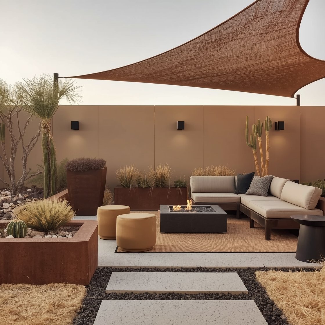 Medium-wide desert luxe scene at late afternoon: exposed aggregate concrete with warm quartz and black basalt for speckled depth; Corten steel edging defining paths and planters, weathered to rich rust; U-shaped low sectional in camel performance fabric around a sleek rectangular fire trough; blocky concrete stools and a woven jute-look outdoor rug in sand; plant groupings of golden barrel cacti, red yucca, and desert spoon; metals include Corten planters, matte black fixtures, bronze path lights; a sculptural warm-taupe shade sail overhead; palette of sand, rust, charcoal, cactus green; bold, sculptural, low-maintenance vibe, no people.