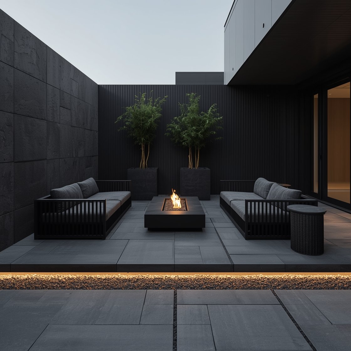 Medium-wide urban modern terrace at dusk: large-format 24x48 concrete pavers in a staggered pattern with tight charcoal gravel joints; a matte black rectangular gas fire table centered; low-slung modular sofa in charcoal performance fabric and two sculptural slatted lounge chairs; minimal planting—tall black planters with thin bamboo and a single sculptural agave; microtopped concrete side tables and a ribbed outdoor throw; linear LED strip lights under the step edge creating a floating effect; palette of charcoal, matte black, concrete gray, deep green; crisp, architectural lines, no people.