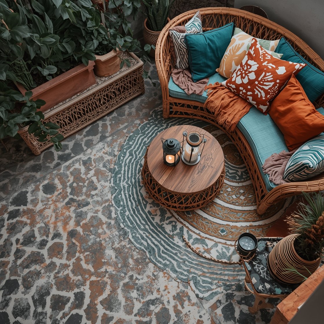 Overhead detail shot of boho oasis vignette: painted concrete floor with Moroccan-style stencil—chalky white pattern over warm gray, sun-faded effect; layered outdoor rugs overlapping for dimension; corner of a curvy rattan sofa piled with cushions in saffron, rust, and teal; low carved-wood coffee table with lantern cluster; macramé planters above with trailing pothos; surrounding big-leaf tropicals and pampas grass in woven baskets; solar globe stakes peeking from greenery suggesting magical evening glow; bohemian, colorful, textured, no people.