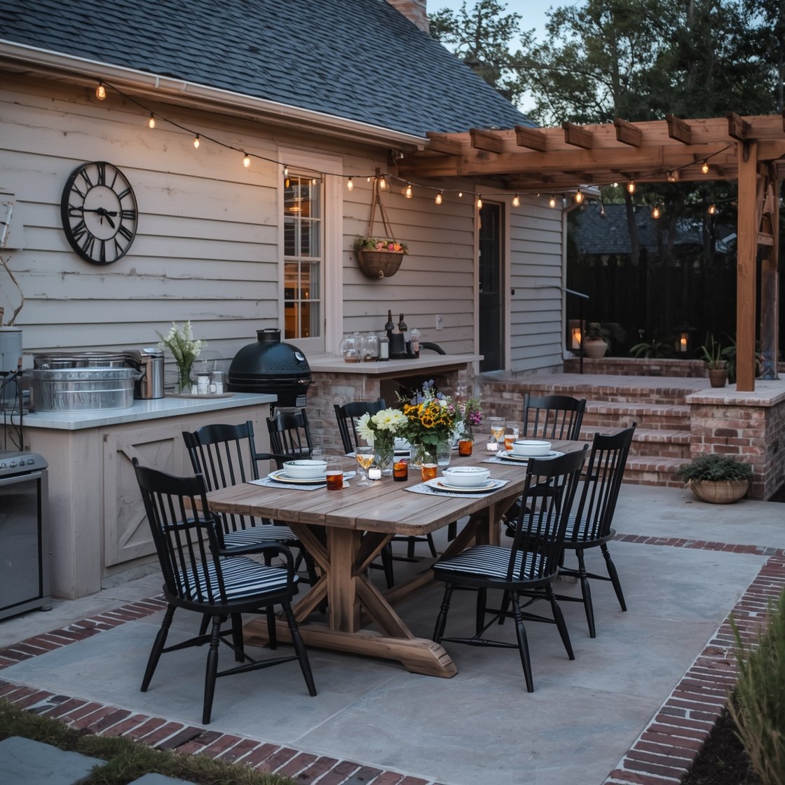 Wide farmhouse dining patio at twilight: broom-finished concrete slab with reclaimed brick soldier course border; hefty distressed wood trestle table centered, black spindle chairs with striped seat cushions; built-in concrete counter to one side housing a green-egg smoker and mini fridge; galvanized steel tub filled with ice and drinks; vintage-style outdoor clock anchoring the wall; enamelware serve bowls, checkered napkins, wildflower centerpieces; Edison string lights draped from a cedar arbor and a few candle lanterns on the steps casting warm glow; palette of warm gray, brick red, matte black, cream; cozy, timeworn charm, no people.