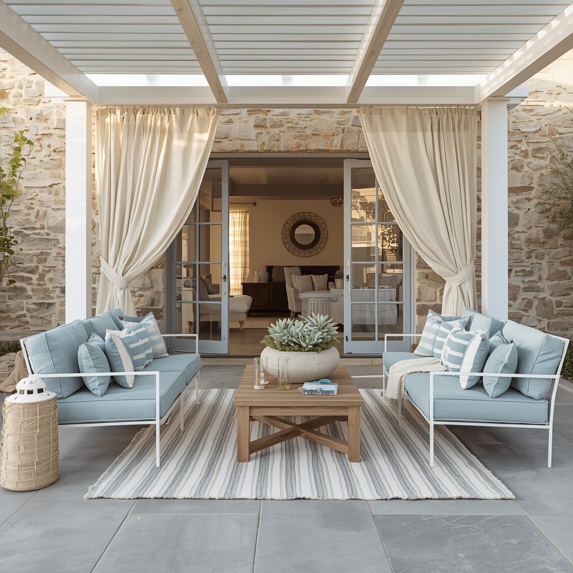 Wide shot, coastal cool patio at golden hour: salt-washed concrete in misty gray with a soft, weathered sun-kissed stone texture; white pergola with breezy linen drapes billowing; white aluminum lounge chairs with sky-blue cushions flanking a low-profile teak coffee table; striped outdoor rug in ivory and slate beneath; rope-wrapped lanterns on the ground, frosted glass hurricanes on the table; a large ceramic bowl overflowing with succulents; accents in sea glass blue, driftwood tan, and crisp white; airy, beachy mood with gentle ocean-breeze styling, no people.