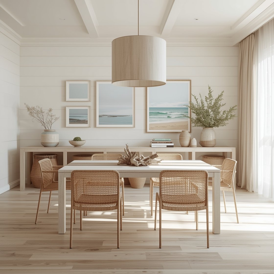 Airy wide shot, Coastal Modern Breezy dining room: pale oak floors, white shiplap walls, and a slim whitewashed wood Parsons table; woven rattan chairs around the table; linen drum pendant floating overhead with soft daylight; ocean-inspired palette of seafoam, surf blue, and sandy beige in textiles and art; ceramic bowl with driftwood centerpiece; textural baskets tucked under a console; gallery-style coastal photographs in bamboo frames on the wall; sheer curtains gently backlit to suggest a breeze; photorealistic, no people.