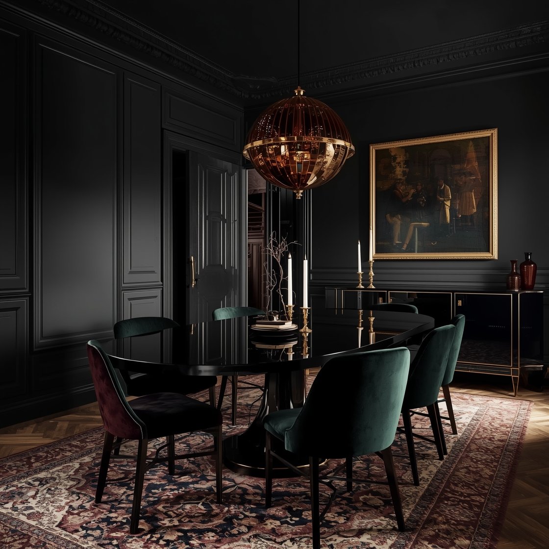 Corner-angle medium-wide, Moody Art-House Glam scene: ink-black walls enveloping a lacquered high-gloss oval dining table; velvet dining chairs in mixed tones of forest green and merlot; smoked-glass chandelier casting dramatic, low ambient light; Persian-style rug underfoot adding subtle complexity; a large contemporary artwork framed in burnished brass on the wall; mirrored sideboard reflecting glints of light; low candleholders scattered along the table for a moody glow; rich contrast, photorealistic, no people.